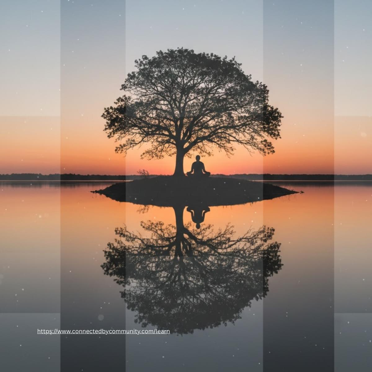 Visual representation of the Human Design Juxtaposition Cross of Stillness featuring Gates 52, 21, 25, and 46. The image depicts a meditative silhouette on a mountain peak with ethereal floral patterns and geometric overlays, symbolizing grounded presence and soul purpose