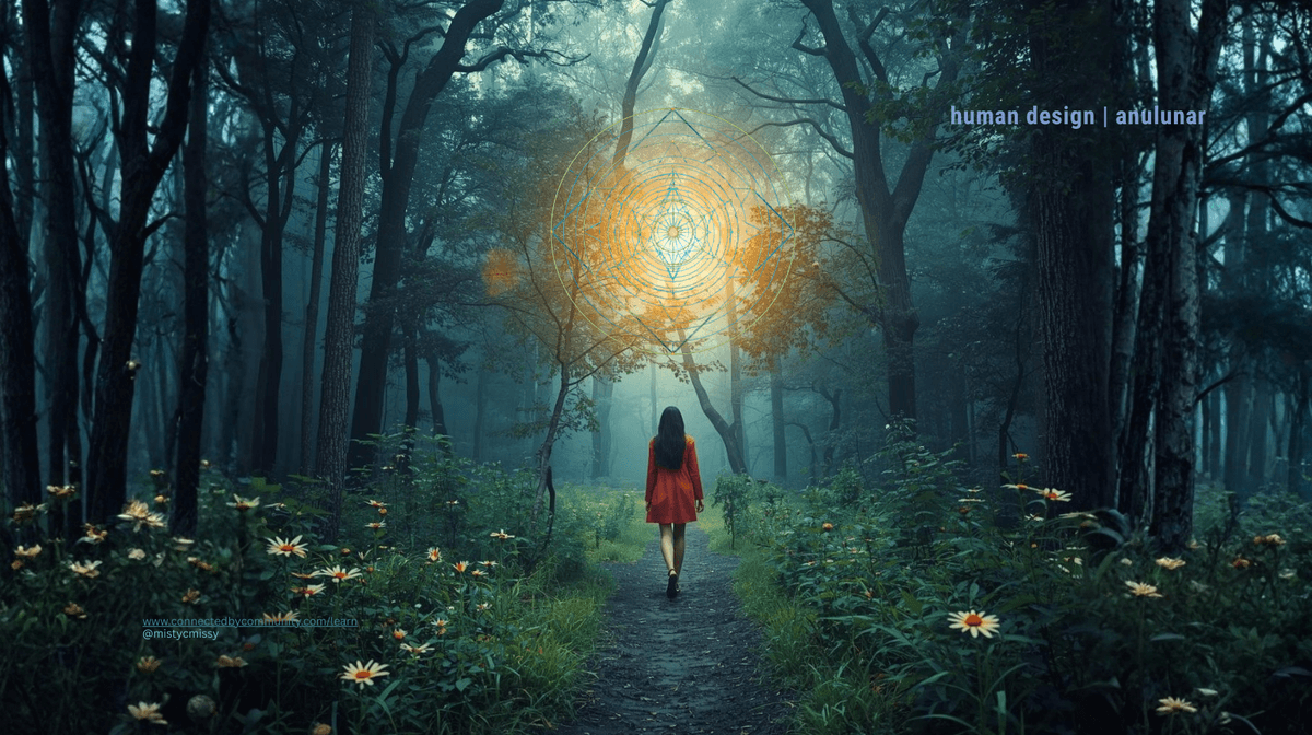 Human Design cosmic artwork for Juxtaposition Cross of The Driver (Gates 2/1 | 49/4), featuring a silhouetted woman walking a forest path toward a glowing heart/third eye chakra sigil wheel, surrounded by mystical trees, light rays, and ethereal energy symbolizing inner direction, self‑expression, principled change, and mental clarity by AnuLunar™.