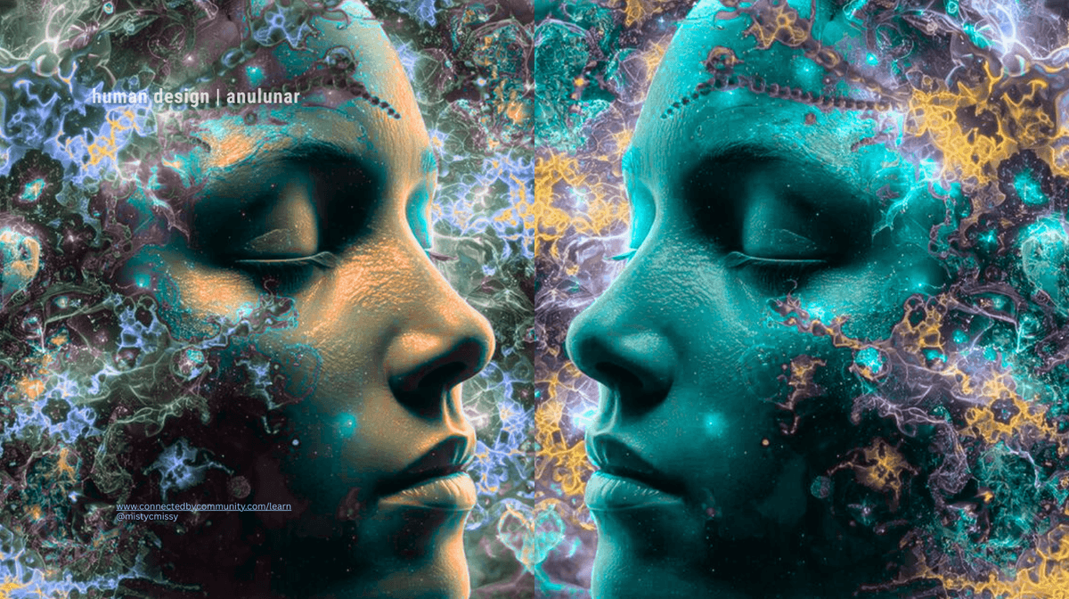 Ethereal digital artwork for the Human Design Left Angle Cross of Endeavor. Two identical, mirrored faces in profile are integrated into a cosmic background of glowing cyan, orange, and yellow energy patterns. This visualizes the depth of Gate 48 and the resource management of Gate 21, fueling the initiation of new cycles in Gate 53 and the ambitious spiritual ascent of Gate 54.