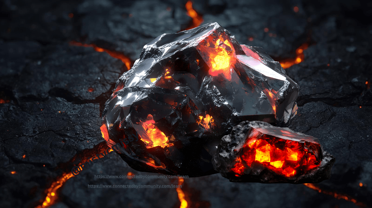 High-contrast digital art for the Human Design Left Angle Cross of Confrontation. A dark, metallic crystalline rock with glowing orange-red fiery veins sits on a cracked volcanic surface. The image represents the power of Gates 26, 45, 6, and 36—claiming authority, optimizing systems, and bringing emotional truth to the surface through direct engagement.