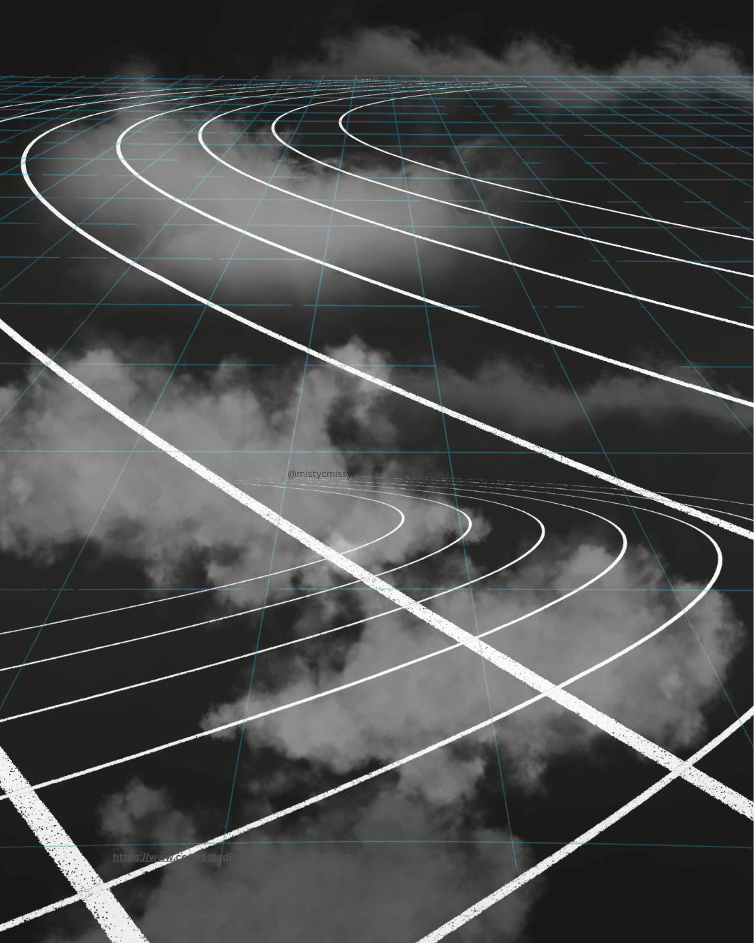 Abstract digital artwork for the Human Design Left Angle Cross of Alignment. Features a dark background with flowing white and teal grid lines resembling a futuristic track or pathway through clouds, symbolizing the journey of realigning systems, community care, and ancestral stories (Gates 27, 28, 19, and 33).