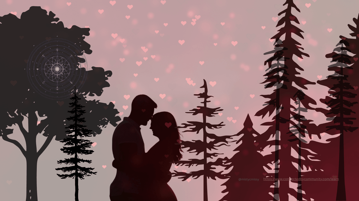 Soulful digital art for the Human Design Juxtaposition Cross of Contribution. A silhouette of a couple stands in an intimate embrace against a soft pink sky filled with floating heart icons and a dense evergreen forest. A glowing purple geometric mandala is featured in the upper-left tree, representing Gates 8, 14, 55, and 59—the power of creative influence, resource generation, and building deep, transformative bonds.