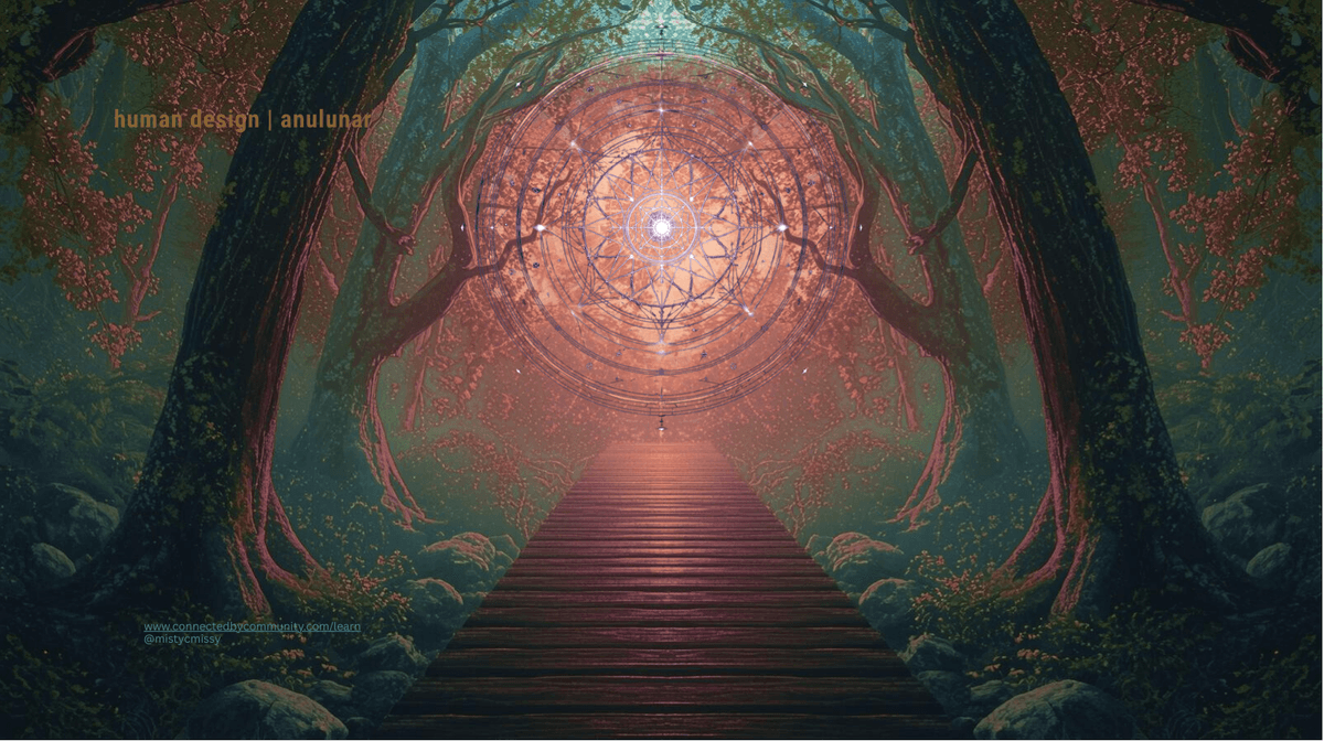 Human Design Left Angle Cross of Incarnation 44 24 7 13 illustrated as a mystical forest pathway and sacred geometric mandala symbolizing ancestral memory, preservation of wisdom, quiet leadership, and guidance through time