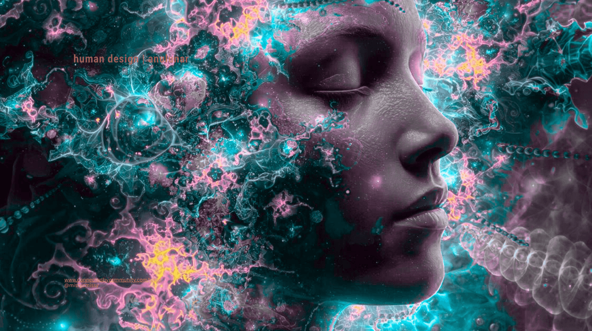 Ethereal digital artwork for the Human Design Juxtaposition Cross of Grace. A profile of a calm, eyes-closed face is integrated into a swirling, cosmic background of glowing cyan, magenta, and gold energy. This visualizes the emotional elegance of Gate 22 and the mental alchemy of Gate 47, where internal pressure is transformed into the rich creative imagery and poised expression of Gates 11 and 12