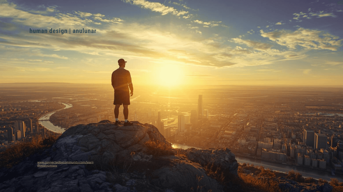 Solitary figure standing triumphantly on mountain peak overlooking golden sunrise cityscape with river valley, symbolizing Human Design Right Angle Cross of Contagion (8/14 | 30/29) Prosperous Pioneer – Gates 8 creative influence, 14 empowered prosperity, 30 passionate desire, 29 devoted commitment AnuLunar™