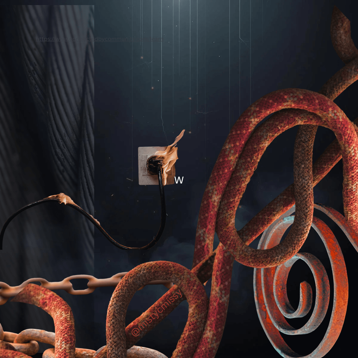 Surreal digital artwork representing the Human Design Left Angle Cross of the Clarion. Features a flaming electrical plug sparked into a wall outlet, symbolizing the initiation of shock (Gate 51). Thick, rusty, intertwined cables and chains swirl in the foreground, representing the complex mysteries and mystical pressures of Gates 57, 61, and 62