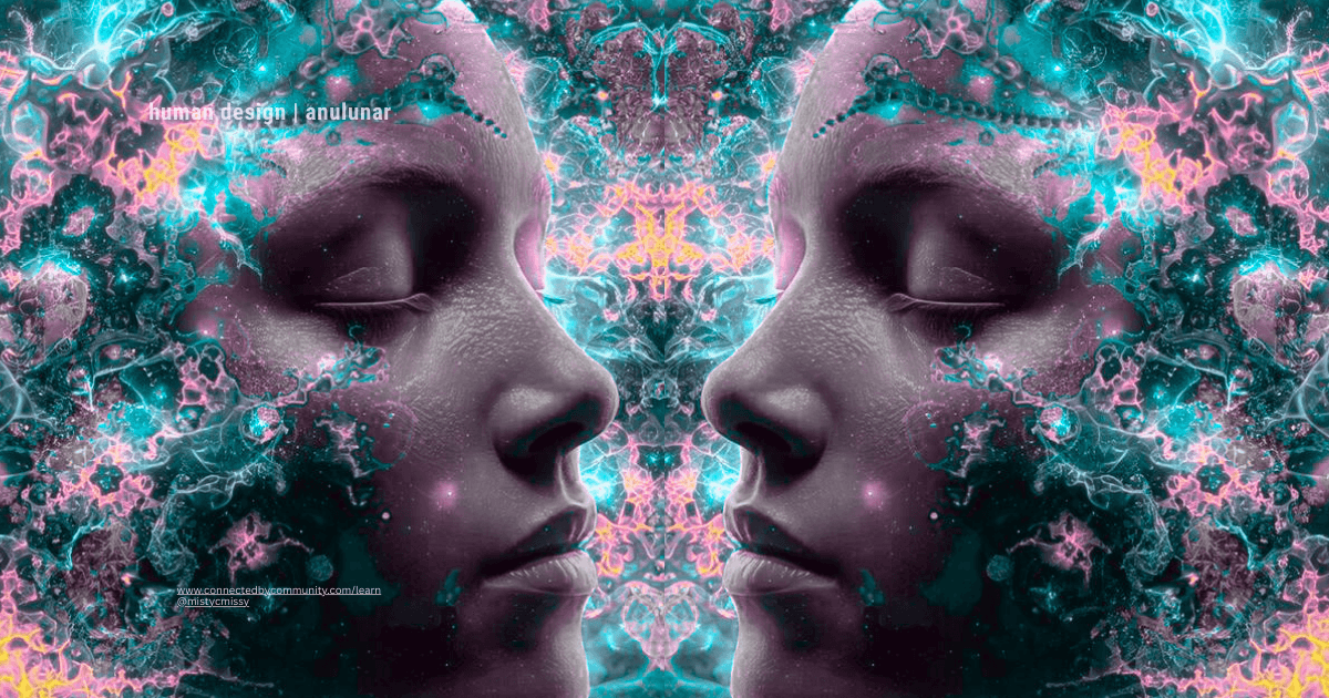 Human Design Juxtaposition Cross of Need (19/33 | 1/2) symmetrical cosmic female faces with intricate purple-pink neural patterns, symbolizing Need Bearer's intuitive sensitivity and dual awareness.