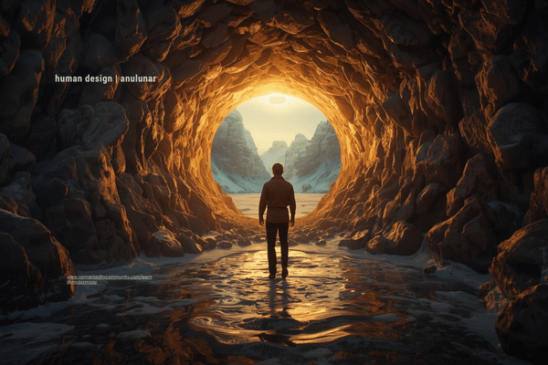 Silhouette of a person standing in a glowing golden tunnel opening to icy mountains and sky, symbolizing Left Angle Cross of the Alpha (41/31 | 44/24) visionary leadership and stepping into new cycles