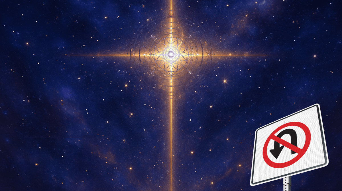 Cosmic digital art for the Human Design Juxtaposition Cross of Fates. A brilliant, four-pointed golden star radiates against a deep blue, starry nebula. Overlaid on the star is an intricate circular geometric mandala. In the bottom right corner, a white 'No U-Turn' road sign stands prominently, representing Gates 30, 29, 34, and 20—the irreversible power of wholehearted commitment and shaping one's destiny through present-moment action.