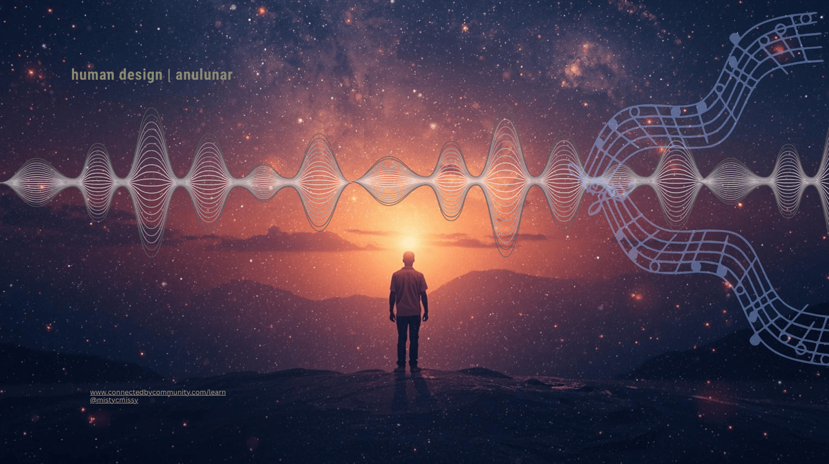 Silhouette figure on cosmic mountain peak at sunset with glowing white sound waves, musical notes, and starry purple-orange galaxy backdrop, symbolizing Human Design Right Angle Cross of Consciousness (5/35 | 64/63) Rhythmic Sage – Gates 5 intuitive timing, 35 lived experience, 64 confusion clarity, 63 logical wisdom AnuLunar™