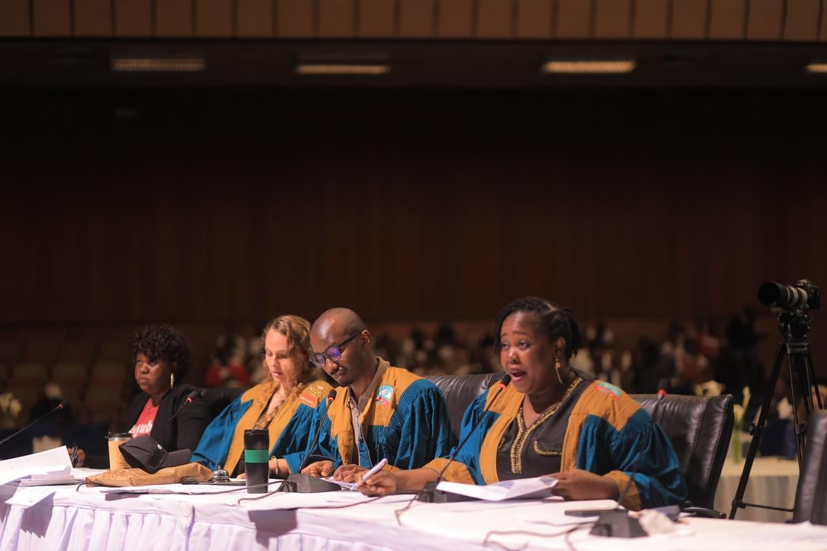 From left to right: Namuwonge Lydia (the writing judge), Aleks Kubin (the main pronouncer), Raymond Mujuni (Guest pronouncer), Ivy Kunihira (Legacy Judge and Associate pronouncer).