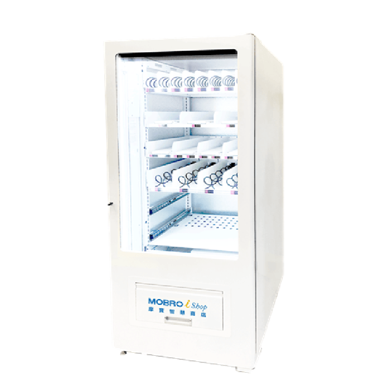 摩寶升降貨道櫃常溫、冷藏、生鮮三種溫層，支援履帶與彈簧出貨，搭配XY軸升降平台，平穩安全。