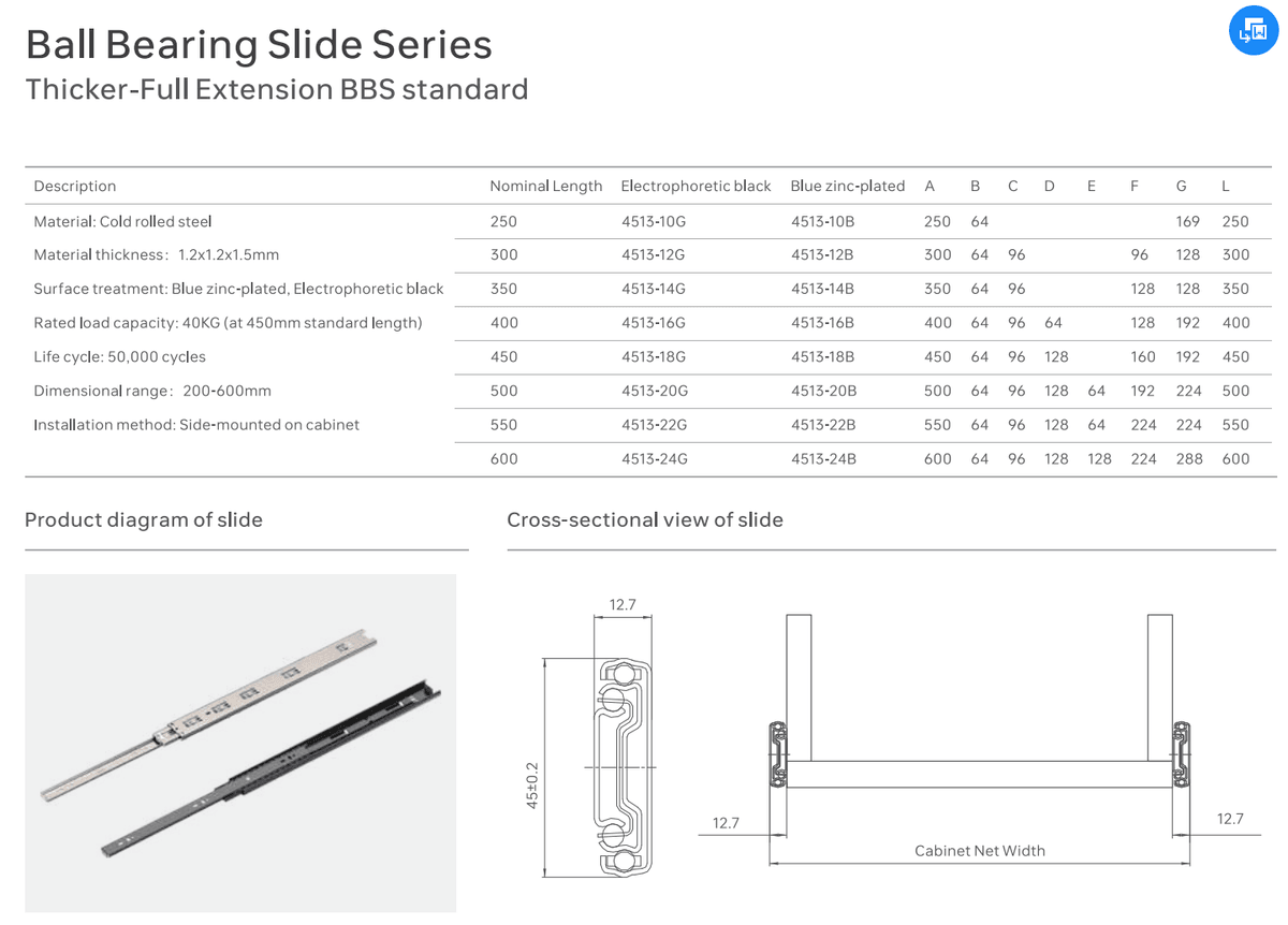 Ekati  Ball bearing  slide thicker-full extension BBS standard