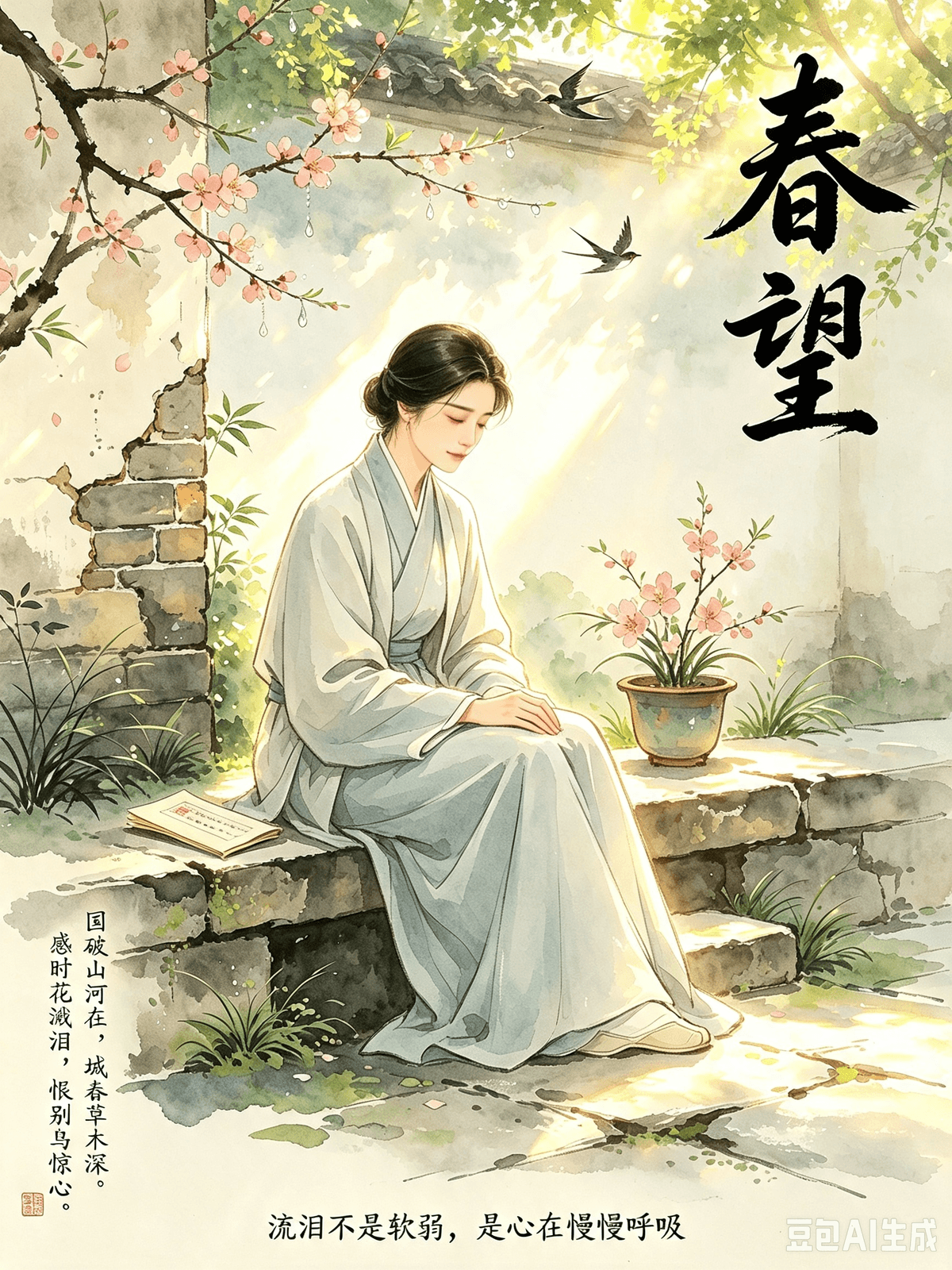Tang Dynasty Poetic Healing: Erasing Modern Mental Friction and Cultivating a Life of Ease Chapter 8: Du Fu’s Spring Prospect — Embracing Negative Emotions, Learning to Release, and Stopping Self-Suppression I. The Original Poem Spring Prospect (春望) The nation is shattered, yet mountains and rivers remain; Spring comes to the city, the grass and trees grow deep. Moved by the times, flowers bring forth tears; Grieving over parting, the birds startle the heart. Beacon fires have burned for three consecutive months; A letter from home is worth ten thousand pieces of gold. I scratch my white hair, growing ever shorter, Until it can barely hold a hairpin. II. Poetic Insight After the An Lushan Rebellion broke out, the capital city of Chang'an fell, the nation was shattered, and the people were displaced. Trapped in the city, Du Fu witnessed the desolation. Worried about the safety of his distant family and burdened by the sorrow of a broken nation, the pain of separation, and the hardship of displacement in turbulent times, he was overwhelmed with grief and suppression. Spring in Chang'an brought blooming flowers and singing birds—normally a joyous scene. Yet, filled with sorrow, Du Fu shed tears at the sight of flowers and was startled by the songs of birds. Even the beauty of all things could not soothe the deep negative emotions in his heart. This excerpt breaks the ancient stereotype that "stoic restraint equals maturity," offering a subversive view on emotions: there is no need to forcefully endure sorrow or fake a smile. Honestly expressing negative emotions is the truest form of self-kindness. While ancient scholars praised hiding one's joy and anger and facing hardship with calm detachment, Du Fu openly embraced his vulnerability: it is human nature to feel sad in turbulent times, heartbroken over partings, and deeply pained amidst suffering.  You do not have to force yourself to be happy just because you see something beautiful, nor do you have to force yourself to be resilient in the face of adversity. Let your emotions match your circumstances. Allow your sorrow to flow naturally. Cry if you want to cry; feel uneasy if you are sad. Embracing your emotions and connecting with your pain—without suppression, pretense, or self-blame—is the crucial first step to emotional self-healing and the key to stopping mental friction. III. Real-World Application As a mindset consultant, I frequently observe that the greatest mental friction for modern adults is "emotional moral kidnapping." From a young age, we are taught that adults must be sensible and strong; vulnerability and emotional sensitivity are strictly forbidden. We dare not cry when wronged at work, dare not show despair when facing life's hardships, dare not show grief when losing loved ones, and dare not break down when overwhelmed by stress. Everyone is playing the role of an "emotionally stable adult," suppressing all their grievances, sorrow, exhaustion, and breakdowns inward. On the surface, we look perfectly fine, but inside, we are full of holes. Chronic emotional suppression leads to insomnia, anxiety, irritability, emotional numbness, and self-isolation. The more you endure in silence, the heavier the internal friction becomes.  Use Du Fu's mindset to cultivate emotional self-healing resilience: 1.	Tear down the "strong persona" and allow emotional imbalance: You can laugh loudly when happy and shed tears when sad. You can pause when exhausted. When facing setbacks, grievances, partings, or pressure, feeling low is entirely reasonable. Stop criticizing yourself for being vulnerable, and stop thinking that showing negative emotions is a sign of immaturity. 2.	Align with your emotional state and stop forcing toxic positivity: When anxious, many people try to forcefully cheer themselves up or inject "positive energy," which only adds to the psychological burden. When you are at a low point or facing terrible situations, allowing yourself to feel down for a day or two and accepting a bad mood is far more effective than forced self-healing. 3.	Find healthy outlets for release: Just as Du Fu used flowers and birds to express his grief and shed tears, find your own way to release: confide in someone, have a good cry, write in a journal, or release it through exercise. Purge the emotions backed up in your heart so they do not pile up and cause internal friction. Maturity is never about being devoid of joy or sorrow; it is about allowing yourself to experience both. By embracing all emotional fluctuations, refusing to fight against negative emotions, and letting your feelings process naturally, your mind and body can truly achieve a state of ease.  La guérison par la poésie sous la dynastie Tang : apaiser les tensions mentales modernes et cultiver une vie sereine Chapitre 8 : « Vue printanière » de Du Fu — Accueillir les émotions négatives, apprendre à lâcher prise et cesser de se réfréner I. Le poème original Vue printanière (春望) : Le pays est en ruines, mais les montagnes et les rivières demeurent ; le printemps revient sur la ville, l'herbe et les arbres foisonnent. Ému par les temps troublés, les fleurs font couler mes larmes ; affligé par la séparation, le chant des oiseaux fait tressaillir mon cœur. Les feux de signalement brûlent depuis trois mois consécutifs ; une lettre du foyer vaut dix mille pièces d'or. Je me gratte les cheveux blancs qui se raréfient, au point de pouvoir à peine y retenir une épingle. II. Éclairage poétique Après le déclenchement de la rébellion d'An Lushan, la capitale Chang'an tomba, le pays fut dévasté et la population déplacée. Bloqué dans la ville, Du Fu fut témoin de cette désolation. Inquiet pour la sécurité de sa famille éloignée et accablé par le chagrin d'une nation brisée, la douleur de la séparation et les épreuves de l'exil en ces temps troublés, il était submergé par la tristesse et le poids de ses émotions refoulées. Le printemps à Chang'an apportait son lot de fleurs épanouies et de chants d'oiseaux — un spectacle habituellement joyeux. Pourtant, le cœur lourd, Du Fu versait des larmes à la vue des fleurs et tressaillait au chant des oiseaux. Même la beauté du monde ne parvenait pas à apaiser les émotions négatives profondes qui l'habitaient. Cet extrait rompt avec le vieux stéréotype selon lequel « la retenue stoïque est synonyme de maturité », offrant une perspective subversive sur les émotions : il n'est nul besoin de supporter la tristesse par la force ou de feindre le sourire. Exprimer honnêtement ses émotions négatives est la forme la plus authentique de bienveillance envers soi-même. Alors que les lettrés d'autrefois prônaient la dissimulation de la joie et de la colère ainsi qu'une attitude de calme détachement face à l'adversité, Du Fu a pleinement assumé sa vulnérabilité : il est humain de ressentir de la tristesse en des temps troublés, d'avoir le cœur brisé par les séparations et de souffrir profondément au milieu des épreuves. Vous n'avez pas à vous forcer à être heureux simplement parce que vous voyez quelque chose de beau, ni à vous contraindre à faire preuve de résilience face à l'adversité. Laissez vos émotions s'accorder aux circonstances. Permettez à votre tristesse de s'écouler naturellement. Pleurez si vous en avez envie ; acceptez votre malaise si vous êtes triste. Accueillir ses émotions et se connecter à sa douleur — sans les refouler, sans faux-semblants et sans s'accuser soi-même — constitue la première étape cruciale de l'auto-guérison émotionnelle et la clé pour mettre fin aux frictions mentales. III. Application concrète En tant que consultant en état d'esprit, j'observe souvent que la principale source de friction mentale chez les adultes d'aujourd'hui est ce que l'on pourrait appeler le « chantage moral à la stabilité émotionnelle ». Dès le plus jeune âge, on nous apprend que les adultes doivent faire preuve de raison et de force ; la vulnérabilité et la sensibilité émotionnelle sont strictement proscrites. Nous n'osons pas pleurer face à une injustice au travail, ni manifester notre désespoir devant les épreuves de la vie, ni exprimer notre chagrin lors de la perte d'êtres chers, ni craquer lorsque le stress nous submerge. Chacun joue le rôle de « l'adulte émotionnellement stable », refoulant en soi ses griefs, sa tristesse, son épuisement et ses effondrements. En apparence, tout semble aller pour le mieux, mais intérieurement, nous sommes en lambeaux. Le refoulement émotionnel chronique entraîne insomnie, anxiété, irritabilité, engourdissement émotionnel et isolement. Plus vous endurez en silence, plus la friction intérieure s'intensifie. Adoptez l'état d'esprit de Du Fu pour cultiver une résilience propice à l'auto-guérison émotionnelle : 1.	Faites tomber le masque de la « personne forte » et acceptez le déséquilibre émotionnel : vous avez le droit de rire aux éclats quand vous êtes heureux et de verser des larmes quand vous êtes triste. Vous pouvez faire une pause lorsque vous êtes épuisé. Face aux revers, aux injustices, aux séparations ou à la pression, il est tout à fait légitime de se sentir abattu. Cessez de vous blâmer pour votre vulnérabilité et d'associer l'expression d'émotions négatives à de l'immaturité. 2.	Soyez en phase avec votre état émotionnel et cessez de vous imposer une positivité toxique : lorsqu'elles sont anxieuses, beaucoup de personnes tentent de se remonter le moral de force ou de s'injecter de « l'énergie positive », ce qui ne fait qu'alourdir le fardeau psychologique. Lorsque vous traversez une mauvaise passe ou une situation terrible, s'autoriser à broyer du noir pendant un jour ou deux et accepter sa mauvaise humeur est bien plus efficace qu'une tentative forcée de guérison. 3.	Trouvez des exutoires sains : tout comme Du Fu utilisait les fleurs et les oiseaux pour exprimer son chagrin et verser ses larmes, trouvez votre propre moyen de libérer vos émotions : confiez-vous à quelqu'un, pleurez un bon coup, tenez un journal ou évacuez les tensions par l'exercice physique. Purgez les émotions accumulées dans votre cœur afin qu'elles ne s'entassent pas et ne provoquent pas de frictions intérieures. La maturité ne signifie pas être dépourvu de joie ou de tristesse ; Il s'agit de vous autoriser à vivre les deux. En accueillant toutes les fluctuations émotionnelles, en refusant de lutter contre les émotions négatives et en laissant vos sentiments suivre leur cours naturel, votre esprit et votre corps peuvent véritablement atteindre un état de sérénité.