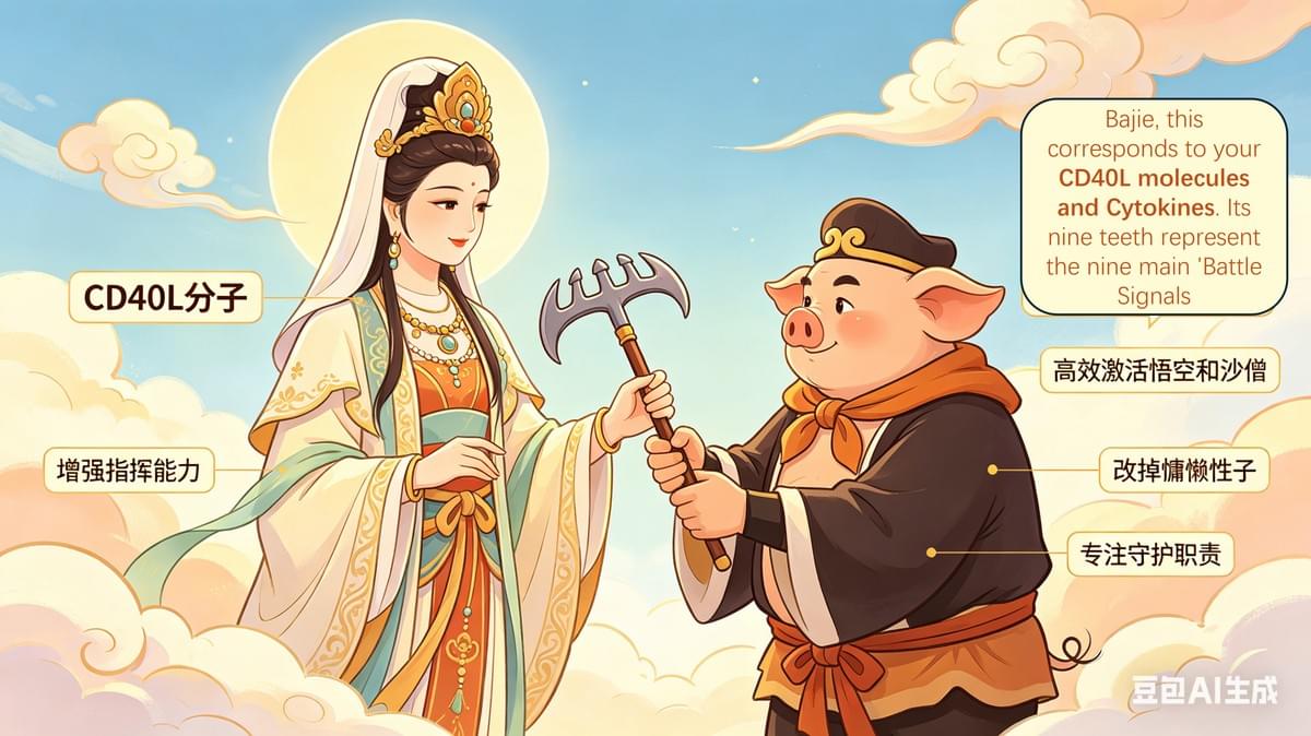 Episode 6: Guanyin’s Gifts – The Immune Gear-Up! After over two hours of intense combat, the Master and his disciples finally cleared the depths of Shancha Ridge, securing the "Great Tang Kingdom’s" first line of defense. Because General Yin had cooperated, Tang Monk kept his promise and let him go. The tiger-demon, moved to tears, fled the ridge, vowing never to do evil again. Despite their victory, the team was exhausted. Sun Wukong rubbed his aching arms. "Master, these demons are stubborn! My arms are sore from swinging the cudgel, and I still struggle to control my temper. I almost hit the 'commoners' (healthy cells) back there!" Zhu Bajie sighed, nursing his bruises. "I felt weak too, Master. Sometimes I wanted to send 'Battle Signals' (Cytokines) to Wukong and Sandy, but I just couldn't muster the energy. Plus, I almost got distracted and started slacking off mid-fight." Sha Wujing (Sandy) scratched his head sheepishly. "I can make 'Magic Treasures' (Antibodies), but they weren't strong enough or specific enough to stop the toxins quickly. If I were faster, you two wouldn't have been hurt." Tang Monk smiled warmly. "You all did your best. However, our 'Immune Squad' lacks the proper gear. Wukong is too impulsive (Over-activation), Bajie is a bit lazy (Lack of signaling), and Sandy hasn't fully mastered his production. We need the right tools to fix these flaws." Suddenly, the sky erupted in golden light. Guanyin Bodhisattva descended on a lotus throne, radiating peace. The disciples knelt in respect. "Greetings, Bodhisattva!" "Rise," Guanyin said kindly. "I have watched your journey and seen your struggles. I have brought three special treasures to upgrade your 'Immune Combat Power' and protect the Great Tang." The disciples' eyes lit up. Guanyin first handed an upgraded Golden Hoop to Tang Monk. "Tang Monk, this is for Wukong. It won't just keep his temper in check to prevent 'Collateral Damage' to healthy cells; it will also boost your own Antigen Recognition and Presentation. You will identify the demons' weaknesses (Antigen Peptides) much faster and relay that info to the team." Next, she gave an upgraded Nine-Toothed Rake to Pigsy. "Bajie, this corresponds to your CD40L molecules and Cytokines. Its nine teeth represent the nine main 'Battle Signals.' It will make you a master commander, allowing you to activate Wukong and Sandy instantly. No more slacking off—you are now the heart of the team's communication!" "Thank you, Bodhisattva!" Pigsy cheered, feeling a surge of focus he’d never felt before. Finally, she gave an upgraded Crescent Staff to Sandy. "Sandy, this represents Mature Antibodies. It will help you precisely target demons, 'seal' them, and neutralize their poisons. You will now be able to mass-produce specific 'Magic Treasures' to ensure no toxin goes un-neutralized." Guanyin then handed Tang Monk the Brocade Cassock and the Nine-Ringed Staff. "The Cassock represents the Complement System—it acts like an automated defense that can directly 'pop' (Lyse) demons. The Staff represents the Phagocytes—it will help you clean up any leftover demon fragments so they don't return." Guanyin looked at them seriously. "These are just tools. Your real strength comes from Coordination and Belief. The core of the immune system is Precision, Activation, and Cooperation. Only by working as one can you protect the body." With a flash of light, she vanished. The disciples felt transformed. Wukong felt calmer, Pigsy felt energized, and Sandy felt more capable than ever. "Master!" Wukong exclaimed. "I feel balanced. I won't hurt the innocent cells anymore!" Tang Monk smiled, but his expression soon shifted. A strange, eerie energy drifted from the distance. "Something is wrong. This doesn't smell like an outside invader... it feels like an 'evil' coming from inside the Great Tang itself. Quickly, we must investigate!" ________________________________________ Educational Key: The "Immune Gear" Explained 1.	Antigen Presentation (Tang Monk): The process where the body identifies a germ and "shows" its pieces to the fighter cells. 2.	CD40L & Cytokines (Pigsy/The Rake): These are the chemical "emails" and "phone calls" cells use to tell each other to start fighting. Without these, the immune system stays "lazy." 3.	Mature Antibodies (Sandy/The Staff): Specialized proteins that lock onto specific germs like a key in a lock to stop them from working. 4.	The Complement System (The Cassock): A group of proteins in the blood that can land on a germ and literally poke holes in it until it bursts (Membrane Attack Complex). 5.	Phagocytes (The Nine-Ringed Staff): The "garbage collectors" of the immune system that eat up dead germs and debris. Reference: Antigen presentation (Tang Monk) Janeway's Immunobiology — “Antigen processing and presentation”: https://www.ncbi.nlm.nih.gov/books/NBK27156/ Nature Reviews Immunology — overview of antigen presentation pathways: https://www.nature.com/articles/nri.2016.46 CD40L & cytokines (Pigsy/The Rake) Janeway's Immunobiology — “T cell help for B cells; CD40–CD40L”: https://www.ncbi.nlm.nih.gov/books/NBK27153/ Annual Review of Immunology — CD40/CD40L and cytokine signaling in adaptive immunity: https://www.annualreviews.org/doi/10.1146/annurev-immunol-032713-120259 Mature antibodies (Sandy/The Staff) Janeway's Immunobiology — “Antibodies and B cell responses”: https://www.ncbi.nlm.nih.gov/books/NBK27159/ Nature Reviews Immunology — structure and function of antibodies: https://www.nature.com/articles/nri.2017.76 The complement system (The Cassock) Janeway's Immunobiology — “Complement system”: https://www.ncbi.nlm.nih.gov/books/NBK27150/ Nature Reviews Immunology — complement pathways and membrane attack complex: https://www.nature.com/articles/nri.2017.31 Phagocytes (The Nine Ringed Staff) Janeway's Immunobiology — “Phagocytes and innate cellular responses”: https://www.ncbi.nlm.nih.gov/books/NBK27149/ Nature Reviews Immunology — neutrophils, macrophages and phagocytosis: https://www.nature.com/articles/nri.2017.55