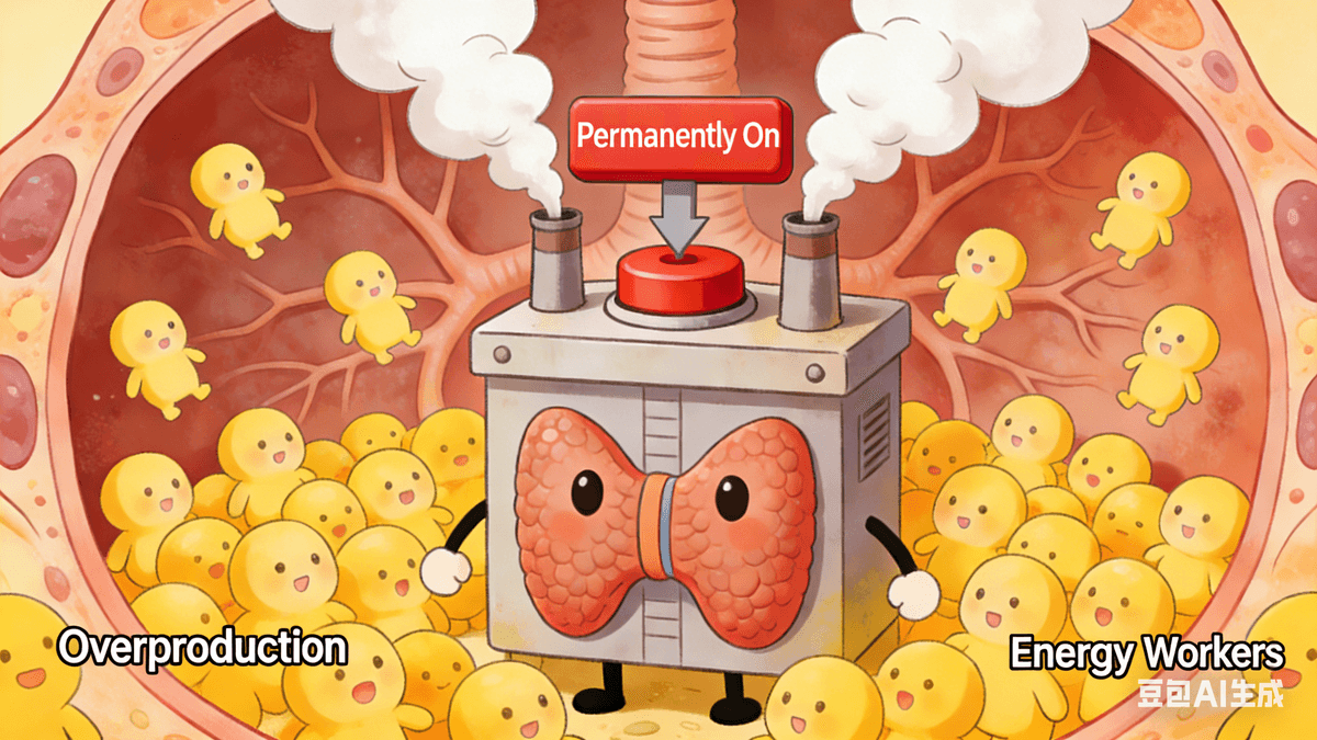 However, in Graves' disease, the fake messenger notes (autoantibodies) cause trouble: 1. These fake notes don't obey the brain's commands; regardless of whether the body needs thyroid hormone, they remain stuck to the antenna. 2. Once the antenna is stuck, it continuously sends the wrong "produce! produce!" signal to the factory. 3. The thyroid gland is like a machine that's been permanently powered on, producing "energy workers" (thyroid hormone) day and night, unable to stop. 4. Eventually, the body's thyroid hormone levels become extremely high, far exceeding the normal required amount.  In short, Graves' disease is like a security guard mistaking a person for a messenger, forcing the thyroid gland to produce hormones at an alarming rate, resulting in a minor problem with excessive thyroid hormone levels.