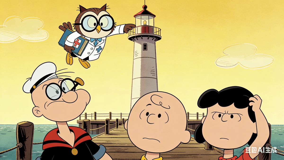 As the two of them stood there, baffled by this strange new problem, a figure glided down from the lighthouse and landed lightly beside them. It was Professor Owl. He wore round glasses, cradled a thick medical book in his wings, and looked every bit the wise expert. Adjusting his glasses, he gazed kindly at the troubled sailor. “Popeye, this isn’t just simple tiredness,” Professor Owl said with a warm smile. “I’m afraid an ‘autoimmune disease’ is secretly stirring up trouble.” Popeye was completely lost. He scratched the back of his head, eyes wide with confusion. “Autoimmune? What’s that supposed to mean? Are you saying… my body is fighting against itself?”