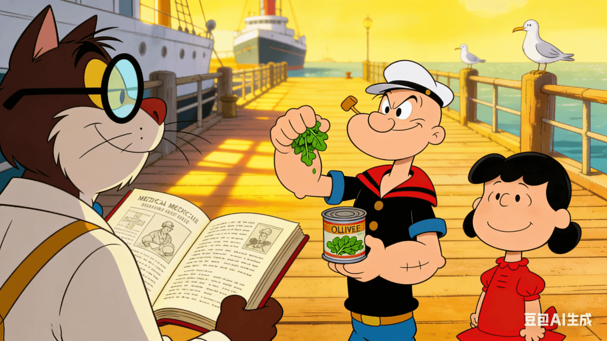 Hearing this, Popeye’s eyes lit up with determination. He bent down, picked up the can of spinach, and clenched his fist. “Alright! I’m gonna get to the bottom of this ‘strange ailment’ and beat it! I’ll keep protecting Olive, everyone around me, and stay the strongest Popeye in their hearts!” The sunlight poured over the three of them once more. Popeye stood firm, gripping his spinach can with renewed resolve; Olive stood at his side, her smile gentle but hopeful; Professor Owl held his medical book, his gaze calm and reassuring. Behind them, the sea sparkled and the lively dock bustled in the warm sun. Everything was full of hope. At that very moment, their adventure into the world of autoimmune diseases had officially begun.
