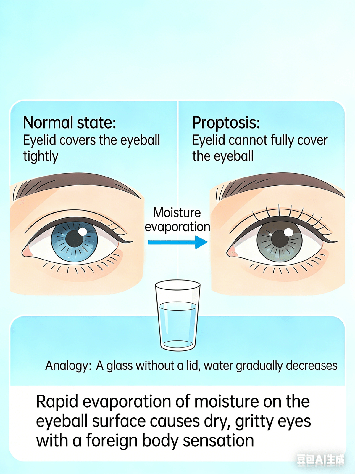 Question 6: What are the common symptoms of thyroid eye disease?  1. Eyes "bulging out" – The eyeball protrudes from its socket, causing the thyroid gland to become displaced and accumulate, pushing the eyeball outwards, making it appear bulging like a goldfish's bubble eyes.  2. Red and swollen eyes – Swollen eyelids and conjunctival congestion cause the thyroid gland to release inflammatory factors, making the eyelids and sclera red and swollen, like the eyes after rubbing them with sand for a long time.  3. Dry, gritty eyes – After the eyeball protrudes, the eyelids can no longer completely cover the eyeball, causing moisture on the surface of the eye to evaporate quickly, like water in an uncovered glass. Therefore, the eyes feel dry and gritty, as if there is dust in them.  4. Double vision – Inflammation can affect the small muscles that move the eyes, causing them to become unresponsive. For example, if you try to look to the left, one eye may turn, but the other may not follow, resulting in two images of the same thing, like seeing an apple as two separate objects.  5. Photophobia, tearing, dryness, and swelling – Eyes become extremely sensitive. When exposed to bright light (such as sunlight or flashlight beam), the eyes will squint and tear up, feeling uncomfortable as if just waking up to bright light.  6. Eyelids that don't close completely or open too wide – Some children (or adults) may find that their eyelids either don't close completely when sleeping, leaving a small slit, or they open them very wide, appearing as if they are "staring." This is caused by inflammation affecting the eyelid muscles.  In short, thyroid eye disease is essentially the eyes being disrupted by Graves' disease, resulting in bulging, red, swollen, dry, photophobic, and even double vision.