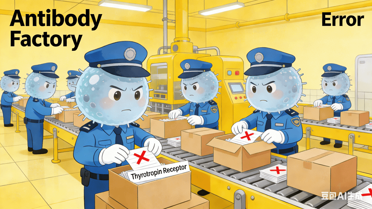 However, in Graves' disease, this security team mistakes something—it mistakes the "receiving antenna" (TSH receptor) of our thyroid factory for a bad guy, and foolishly creates many "misidentification notes." These notes are autoantibodies against TSH receptors.