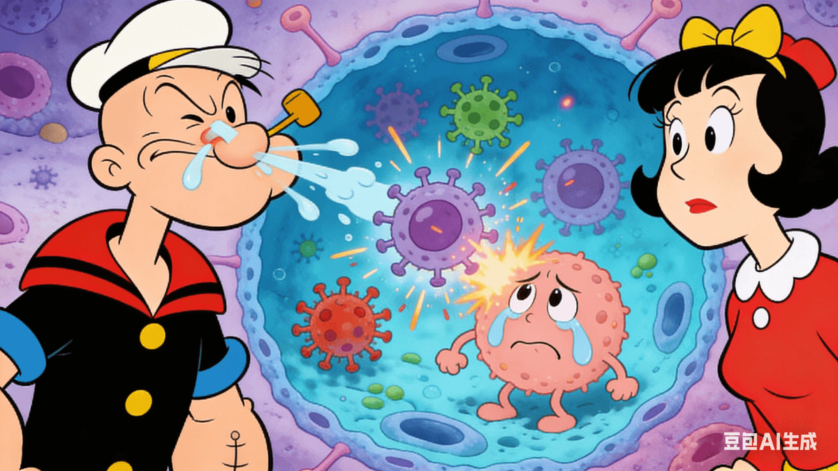 He guided their attention to a chaotic scene on the poster. “The second cause is infection. The common cold, the flu, and those nasty viruses—these ‘bad guys’ are master of disguise. They can trick the immune system, confusing it so thoroughly that it can no longer tell friend from enemy. In the heat of battle, our defenders might accidentally attack the wrong target.” Suddenly, the screen above them flickered to life. There was Popeye, nose red as a beet, sneezing and sniffling in misery. The camera zoomed deep inside his body, where a fierce battle raged. Immune cells clashed with invading viruses, weapons drawn. In the chaos of the melee, one confused immune cell accidentally slammed into a nearby healthy cell. The poor healthy cell curled up, eyes glistening with tears, looking utterly pitiful.