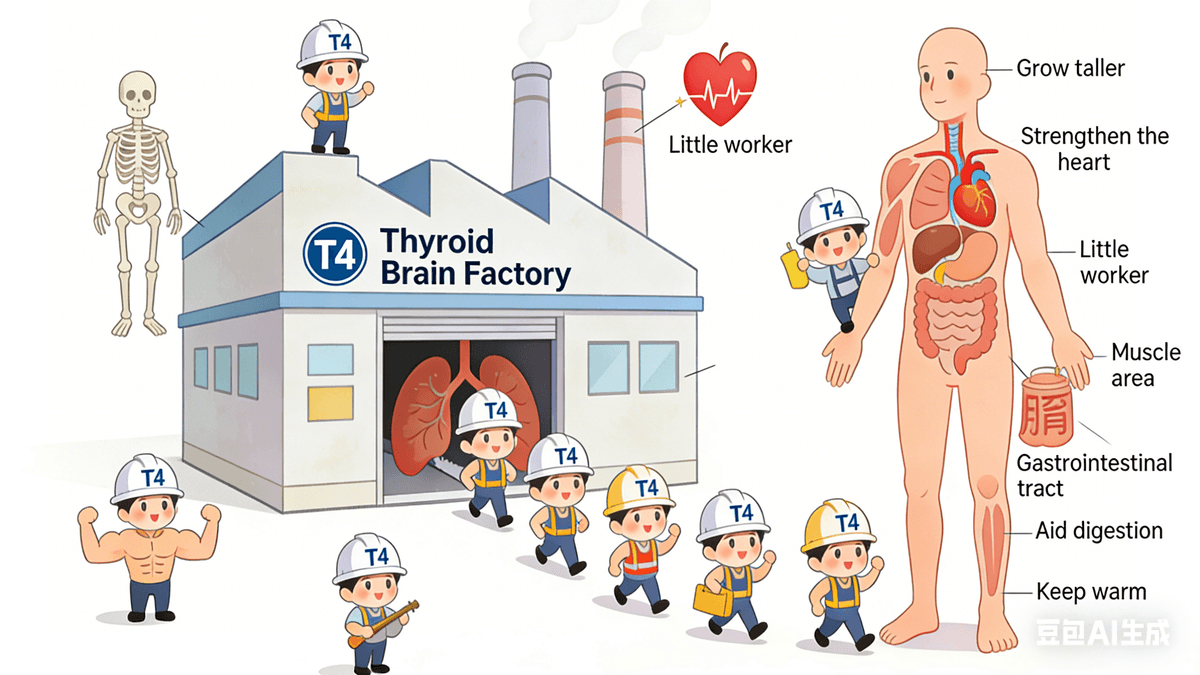 TThyroxines (T3, T4): The "Energy Workers" of the Factory. These are the "products" produced by the thyroid gland. These "workers" travel to various parts of the body, helping us grow taller and stronger, giving our heart a strong beat, and aiding in digestion and maintaining body temperature.