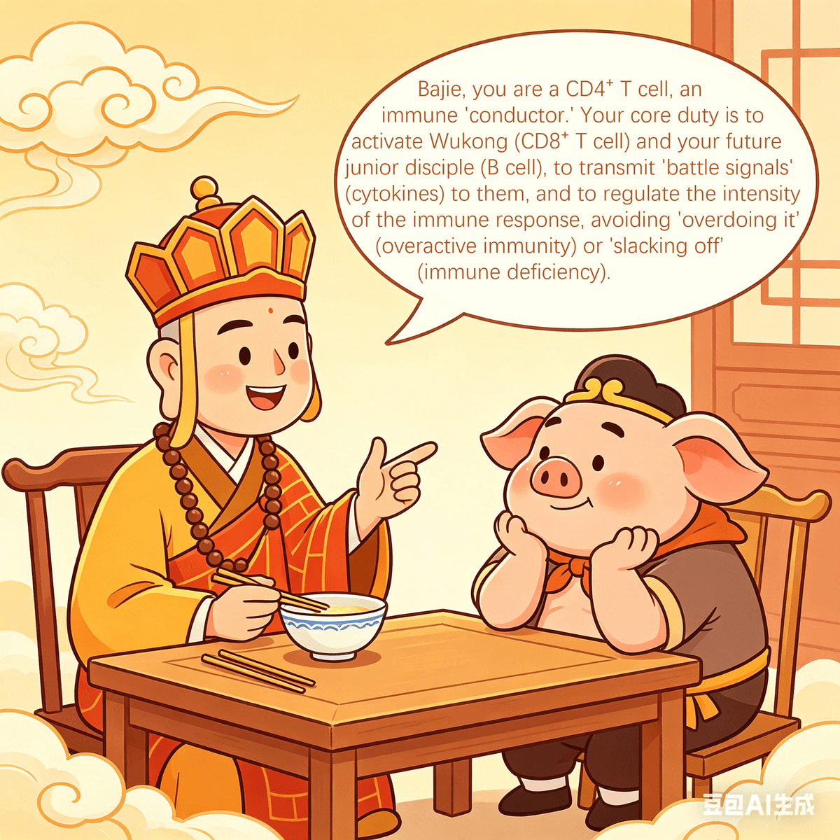 Episode 2: Marshal Tian Peng Demoted & The CD4⁺ T Cell Takes Its Place — The Redemption of an Immune "Conductor" After Sun Wukong became Tang Sanzang's disciple, the two journeyed west. Along the way, Tang Sanzang would occasionally give Sun Wukong little lessons on immunology: "Wukong, you are a CD8⁺ T cell, and your Golden Cudgel is your killing weapon. When you encounter demons, you can't just rely on brute force. You must first find their 'weak spots' to strike precisely, otherwise, you might accidentally harm the common people (normal cells)." Sun Wukong nodded, half-understanding, but secretly thought: As long as I can fight demons, any way is fine. This day, as they traveled near Gao Village, they suddenly heard a heartbreaking sobbing. Tang Sanzang frowned and said to Sun Wukong, "Wukong, go see why someone is crying so sadly." Sun Wukong leaped, rode his somersault cloud, and returned in moments, a strange expression on his face: "Master, it's the villagers of Gao Village. They say a monster has arrived in their village, shaped like a pig, who has taken the village master's daughter, Cui Lan, and hurt many people. The villagers are helpless." The master and disciple quickly hurried to Gao Village. The village master, Old Gao, was already waiting at the entrance. As soon as he saw Tang Sanzang, he dropped to his knees with a thud, crying, "Oh, High Monk, save us! That monster has a pig face, a huge build, and immense strength. He forcibly took my daughter. We've hired many sorcerers, but none could defeat him. If this continues, our village will be ruined!" Tang Sanzang quickly helped Old Gao up, saying gently, "Don't worry, Old Master. My disciple and I will surely help you get rid of this monster and rescue your daughter." Just then, a rough voice shouted from outside the courtyard: "Father-in-law, hand over Cui Lan quickly, or I'll tear down your village!" Sun Wukong's eyes widened. He grabbed his cudgel and charged out: "Audacious monster, daring to run wild here! See the might of Old Sun!" Outside the courtyard, a fat wild boar demon was brandishing a nine-toothed rake, showing off his power. Seeing Sun Wukong, the boar demon's eyes blazed with fury: "Where did this hairy monkey come from, daring to meddle in Old Pig's business?" "I am Sun Wukong, sent by my Master to eliminate you, demon!" Sun Wukong declared, swinging his Golden Cudgel at the boar demon. The boar demon was not to be outdone, brandishing his nine-toothed rake to meet the attack. The two exchanged blows for dozens of rounds, neither gaining the upper hand. Sun Wukong was secretly surprised: This oaf looks chubby, but he's really strong! Tang Sanzang stepped forward and said softly, "Monster, why do you forcibly take women and harm the innocent? If you have difficulties, perhaps you can speak them. If you are willing to repent, we will not trouble you further." Hearing this, the boar demon paused, a flicker of guilt in his eyes. He lowered his nine-toothed rake and sighed: "I didn't mean to do evil. I was once Marshal Tian Peng of the Heavenly Court. At the Peach Banquet, I drank too much and flirted with Chang'e, so the Jade Emperor demoted me to the mortal world. I accidentally fell into a pig's womb and became this ugly form." "Marshal Tian Peng?" Tang Sanzang's heart stirred, and he smiled, "Do you know that you were originally one of the immune guardians of the 'Great Tang Empire,' the 'conductor' of our immune system (CD4⁺ T cell)? You are responsible for activating other guardians and regulating the balance of offense and defense for the immune army. How can you be doing evil here?" The boar demon lowered his head, looking wronged: "After I was demoted, I became disheartened. And because I was ugly, people disliked me, and no one wanted anything to do with me. In a moment of confusion, I took Cui Lan, just wanting some stability. I no longer cared about any guardian duties." Sun Wukong impatiently yelled, "Master, don't waste words with him! This monster has hurt people! I'll just strike him dead with one blow!" "Wukong, no!" Tang Sanzang quickly stopped him. "His nature isn't evil; he was just momentarily confused. Moreover, his duties are very important. Our immune team needs a 'conductor.' If he can repent, he will be a valuable helper." Tang Sanzang turned to the boar demon, saying gently, "Marshal Tian Peng, I am Tang Sanzang, entrusted by Heaven to journey west, protect the 'Great Tang Empire,' and eliminate demons (antigens). If you are willing to take me as your master, follow me west, repent and reform, and fulfill your duties as a 'conductor,' then when your merits are complete, you can return to Heaven and restore your true form. Are you willing?" The boar demon's eyes lit up. He immediately threw down his nine-toothed rake and dropped to his knees, kowtowing: "Disciple Zhu Bajie greets Master! Disciple is willing to repent and will never do evil again. I will diligently follow Master west, be a good 'conductor,' and assist Master and Senior Disciple in fighting demons!" Tang Sanzang helped him up, smiling, "Good. From now on, you are my second disciple. Wukong, you must look after your junior disciple. From now on, you two must work together to protect the 'Great Tang Empire'." Sun Wukong pouted, looking disdainful: "Master, this oaf looks clumsy, and he's lazy and gluttonous. What help can he be? It would be good if he doesn't hold me back." Zhu Bajie indignantly shouted, "You hairy monkey, don't underestimate me! Back in Heaven, I commanded 80,000 naval forces—my command abilities were first-class! It's just that after being demoted, my abilities are a bit rusty. I will perform well in the future and make you look at me with new eyes!" The two squabbled, and Tang Sanzang shook his head helplessly, but secretly felt relieved—our immune team finally has a 'conductor.' Now, Wukong's combat effectiveness can be better activated. That evening, Old Gao laid out a lavish feast for the three master and disciples. During the meal, Zhu Bajie ate braised pork and sighed, "Master, to be honest, ever since I was demoted, I've always felt weak all over. Sometimes I try to command the 'little soldiers' (immune cells), but I just can't mobilize them. Why is that?" Tang Sanzang put down his chopsticks and smiled, explaining to Zhu Bajie: "Bajie, you are a CD4⁺ T cell, an immune 'conductor.' Your core duty is to activate Wukong (CD8⁺ T cell) and your future junior disciple (B cell), to transmit 'battle signals' (cytokines) to them, and to regulate the intensity of the immune response, avoiding 'overdoing it' (overactive immunity) or 'slacking off' (immune deficiency). After your demotion, your function became disordered, like a general whose command has failed. Naturally, you can't mobilize the 'little soldiers'." Tang Sanzang paused, then continued: "As you follow me west, I will slowly guide you and help you restore your abilities. However, you must also change your lazy nature and stop being gluttonous and idle. You must diligently fulfill your duties as a 'conductor,' otherwise, no matter how good your abilities are, they won't be able to be put to use." Zhu Bajie nodded quickly, his mouth full of food, saying indistinctly, "Disciple remembers! Master, don't worry, I will definitely change my bad habits and diligently assist Master and Senior Disciple. I won't hold anyone back again!" Sun Wukong teased from the side, "I hope you keep your word. Don't just say nice things and then get scared and hide when you encounter a demon." Zhu Bajie snorted, "I won't! Just you wait!" The next morning, the master and disciples bid farewell to Old Gao and Cui Lan, continuing their journey west. Along the way, Zhu Bajie suddenly stopped, frowning, and sniffed the air: "Master, Senior Disciple, I sense a faint demonic aura ahead, and this aura is very peculiar. It's not like an ordinary demon; it seems to be trapped by something." Sun Wukong raised an eyebrow, surprised: "Oh? Oaf, you can sense demonic aura? It seems your 'conductor' abilities are starting to recover. Quickly, tell me, in which direction is the demon?" Zhu Bajie pointed towards the Quicksand River ahead: "It's over there, at the bottom of the Quicksand River. The aura is very faint, but it's constantly there. It must be sealed in the river." Tang Sanzang's expression was gentle yet firm: "It seems we are about to meet a new guardian. Wukong, Bajie, let's quicken our pace and go to the Quicksand River. Perhaps, that will be the third member of our immune team." The three walked side by side. None of them knew that at the bottom of the Quicksand River, an honest and diligent "antibody production worker" was patiently waiting for their arrival, and this member was the indispensable B cell of our immune system.  The Immune System's Master Conductor: Understanding CD4⁺ T Cells If CD8⁺ T cells are the Special Forces of your immune system, then CD4⁺ T cells are the Master Conductors of the entire immune orchestra. They don't usually do the direct killing, but they are absolutely essential for directing, coordinating, and amplifying almost every major immune response in your body. Without them, your immune system would be like an orchestra without a conductor—a chaotic mess that can't effectively fight off invaders. How They're Trained: The Art of Command Like their CD8⁺ cousins, CD4⁺ T cells mature in the thymus, learning to recognize "self" from "non-self." But their specialty is slightly different. Instead of directly seeking out infected cells, they specialize in listening to the reports of "scout" cells, known as Antigen-Presenting Cells (APCs). These APCs (like dendritic cells and macrophages) are the first responders that engulf foreign invaders (bacteria, toxins, dead cells) and process them. The Mission: Receiving Intelligence and Formulating a Plan Once an APC has "eaten" an invader, it displays fragments of the invader on its surface using a different kind of identification badge called MHC Class II. Think of this as the APC presenting a "Most Wanted" poster. CD4⁺ T cells, with their own unique T cell receptors (TCRs), patrol the lymph nodes, constantly checking these "Most Wanted" posters. When a CD4⁺ T cell's TCR recognizes a specific foreign fragment on an APC's MHC Class II molecule, it's like a general receiving a crucial piece of intelligence. The Action: Orchestrating the Immune Response Upon recognizing an invader's fragment, the activated CD4⁺ T cell doesn't grab a weapon; instead, it starts shouting instructions and sending out messages to other immune cells. These messages are powerful chemical signals called cytokines. Depending on the type of invader and the specific signals it receives, a CD4⁺ T cell can differentiate into various "helper" subtypes, each with a different role: •	Th1 cells: Encourage CD8⁺ T cells to become more aggressive killers and activate macrophages to engulf infected cells more efficiently (like directing the Special Forces). •	Th2 cells: Stimulate B cells (another type of immune cell) to produce massive amounts of antibodies, which are like sticky traps that neutralize invaders outside of cells (like directing the artillery). •	Th17 cells: Recruit neutrophils, another type of white blood cell, to fight bacterial and fungal infections. •	Regulatory T cells (Tregs): These are like the peacemakers, ensuring the immune response doesn't get too strong and start attacking healthy body tissues (preventing friendly fire). Essentially, CD4⁺ T cells coordinate the entire adaptive immune response, making sure the right immune cells are activated at the right time and in the right way to combat the specific threat. The Memory: A Blueprint for Future Battles Just like CD8⁺ T cells, CD4⁺ T cells also form memory cells after an infection. These memory CD4⁺ T cells ensure that if you encounter the same pathogen again, your immune system can quickly recall the best battle plan and launch a powerful, coordinated attack, minimizing the impact of the second infection. Why They Matter: The Linchpin of Immunity CD4⁺ T cells are absolutely indispensable. They are the central hub that connects almost all branches of the adaptive immune system. Without effective CD4⁺ T cells, your body struggles to mount a robust defense against nearly all pathogens, including viruses, bacteria, and fungi. This is tragically demonstrated in diseases like HIV, which primarily targets and destroys CD4⁺ T cells, leading to a severely weakened immune system (AIDS) and increased susceptibility to opportunistic infections and cancers. They are the strategic masterminds that keep your entire immune defense synchronized and effective.  ________________________________________ Links for CD4⁺ T Cells (Helper T Lymphocytes) References 1.	Zhu, J., & Paul, W. E. (2008). CD4 T cells: Fates, functions, and faults. Blood, 112(5), 1557-1569. •	Link: https://ashpublications.org/blood/article/112/5/1557/107567/CD4-T-cells-Fates-functions-and-faults (Abstract) 2.	Murphy, K. M., & Reiner, S. L. (2002). The lineage decisions of helper T cells. Nature Reviews Immunology, 2(12), 933-944. •	Link: https://www.nature.com/articles/nri951 (Abstract) 3.	Stockinger, B., et al. (2007). TH17 T cells: from a distinct lineage to an integrated network. Immunity, 27(6), 849-860. •	Link: https://www.cell.com/immunity/fulltext/S1074-7613(07)00570-5 (Abstract) 4.	Sakaguchi, S., et al. (2008). Regulatory T cells and immune tolerance. Cell, 133(5), 775-787. •	Link: https://www.cell.com/cell/fulltext/S0092-8674(08)00486-0 (Abstract) 5.	Neefjes, J., et al. (2011). MHC class I and MHC class II molecules: an overview. Cold Spring Harbor Perspectives in Biology, 3(10), a002421. •	Link: https://cshperspectives.cshlp.org/content/3/10/a002421.full (Full Text - Open Access) 6.	Sallusto, F., & Lanzavecchia, A. (2009). The instructive role of dendritic cells in the polarization of helper T cell responses. Nature Reviews Immunology, 9(12), 856-865. •	Link: https://www.nature.com/articles/nri2657 (Abstract) 7.	Croft, M. (2010). Costimulation of T cells by B cells: not just CD28. Immunity, 32(3), 304-306. •	Link: https://www.cell.com/immunity/fulltext/S1074-7613(10)00108-7 (Abstract) 8.	Paul, W. E. (2015). How I learned about T cell subsets. Annual Review of Immunology, 33, 1-28. •	Link: https://www.annualreviews.org/doi/full/10.1146/annurev-immunol-032414-112104 (Abstract) 9.	Fathman, C. G., & Soares, L. (2011). Immunopathogenesis of autoimmune disease: key role of Th17 and regulatory T cells. Annual Review of Pathology: Mechanisms of Disease, 6, 269-291. •	Link: https://www.annualreviews.org/doi/abs/10.1146/annurev-pathol-011811-132448 (Abstract) 10.	Romani, L., et al. (2008). Th17 cells and fungi: a double-edged sword. Journal of Experimental Medicine, 205(7), 1491-1495. •	Link: https://rupress.org/jem/article/205/7/1491/40960/Th17-cells-and-fungi-a-double-edged-sword (Full Text - Open Access)