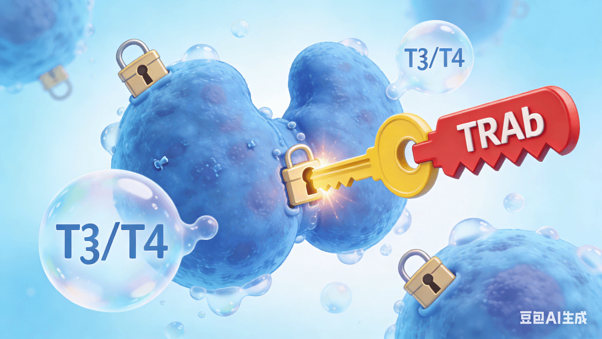 3. Relationship with diseases (e.g., Graves' disease) In Graves' disease, an autoimmune disease, the body's immune system misbehaves and produces a **false key**—thyroid-stimulating hormone receptor antibody (TRAb). This false key can also be inserted into the TSH receptor lock, and unlike a real key that "opens the lock and leaves," it remains inserted, continuously stimulating the thyroid gland to produce hormones excessively and causing thyroid tissue to proliferate and enlarge, leading to hyperthyroidism and goiter. If this false key gets into the muscles and adipose tissue of the eye (where there are also a small number of TSH receptors), it can cause thyroid-associated ophthalmopathy.   The red serrated fake key (TRAb) forcibly pushed open the yellow key and inserted it into the lock. The lock cylinder was stuck and continued to glow, and excessive "T3/T4" bubbles overflowed around the cells.