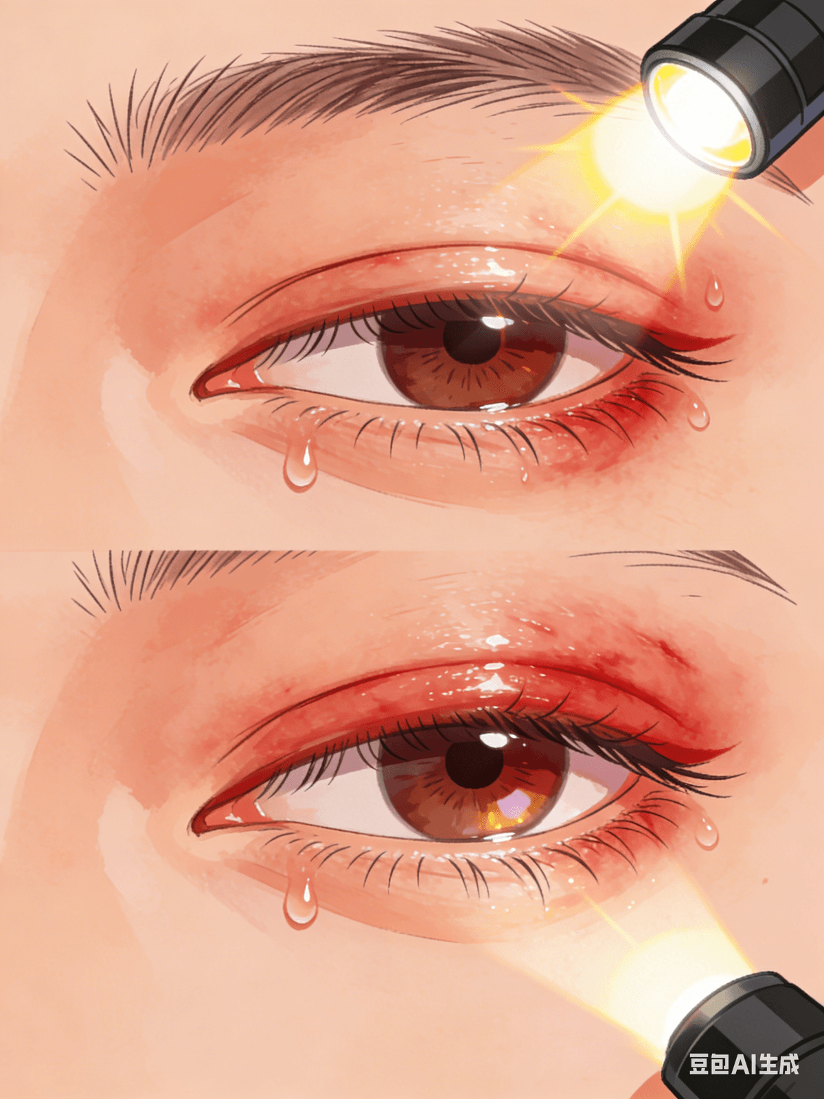 Question 6: What are the common symptoms of thyroid eye disease?  1. Eyes "bulging out" – The eyeball protrudes from its socket, causing the thyroid gland to become displaced and accumulate, pushing the eyeball outwards, making it appear bulging like a goldfish's bubble eyes.  2. Red and swollen eyes – Swollen eyelids and conjunctival congestion cause the thyroid gland to release inflammatory factors, making the eyelids and sclera red and swollen, like the eyes after rubbing them with sand for a long time.  3. Dry, gritty eyes – After the eyeball protrudes, the eyelids can no longer completely cover the eyeball, causing moisture on the surface of the eye to evaporate quickly, like water in an uncovered glass. Therefore, the eyes feel dry and gritty, as if there is dust in them.  4. Double vision – Inflammation can affect the small muscles that move the eyes, causing them to become unresponsive. For example, if you try to look to the left, one eye may turn, but the other may not follow, resulting in two images of the same thing, like seeing an apple as two separate objects.  5. Photophobia, tearing, dryness, and swelling – Eyes become extremely sensitive. When exposed to bright light (such as sunlight or flashlight beam), the eyes will squint and tear up, feeling uncomfortable as if just waking up to bright light.  6. Eyelids that don't close completely or open too wide – Some children (or adults) may find that their eyelids either don't close completely when sleeping, leaving a small slit, or they open them very wide, appearing as if they are "staring." This is caused by inflammation affecting the eyelid muscles.  In short, thyroid eye disease is essentially the eyes being disrupted by Graves' disease, resulting in bulging, red, swollen, dry, photophobic, and even double vision.