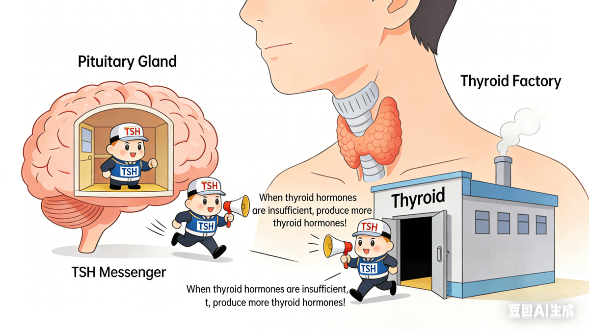 Thyroid-stimulatinghormone (TSH): The "messenger" of the thyroid gland. It resides in a small chamber in our brain called the pituitary gland. When the body's thyroid hormone levels are insufficient, the brain sends TSH, this "messenger," to the thyroid gland in the neck, shouting the command: "Produce more thyroid hormone!" If the body has enough thyroid hormone, the "messenger" will rest and stop shouting commands.