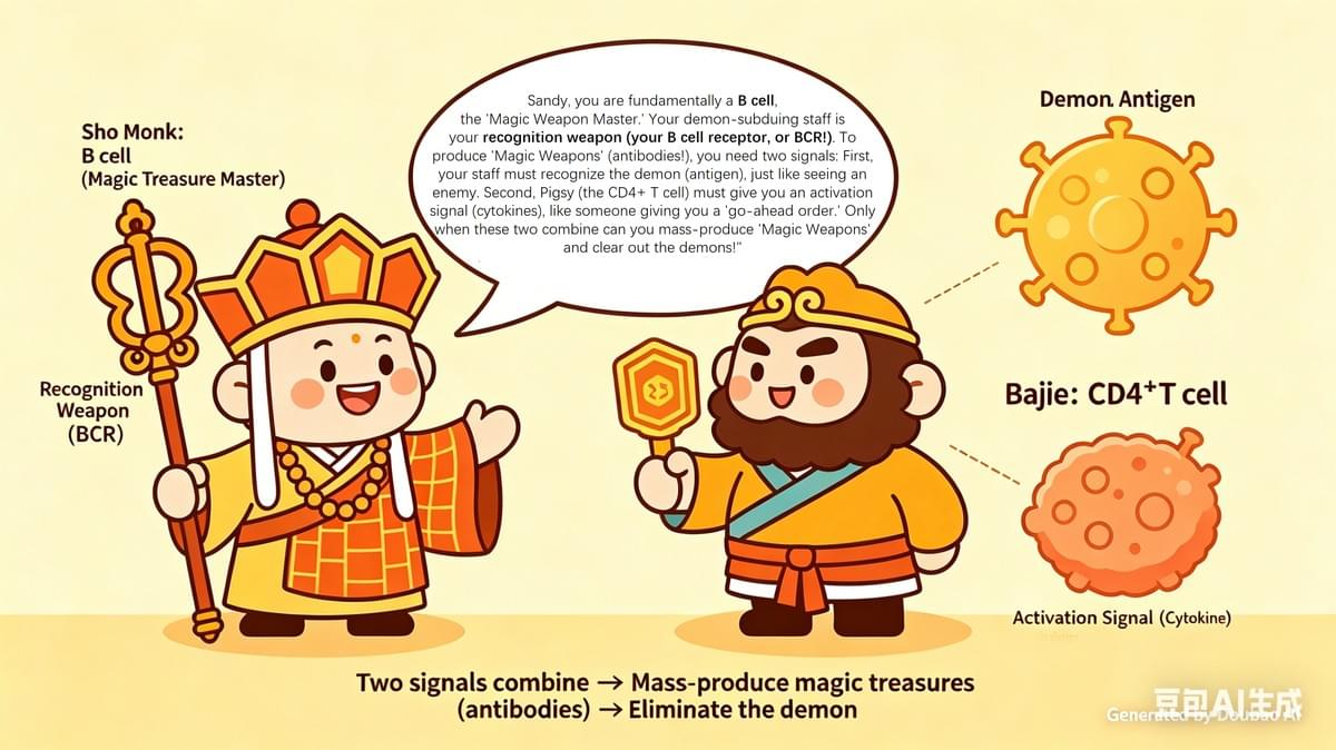 Episode 3: The Quicksand Demon - B Cells On Standby! The Awakening of the Immune 'Magic Weapon Master' The master and his two disciples arrived at the banks of the Quicksand River. The river water surged violently, with rolling waves and hidden reefs. A faint, dark mist subtly rose from the surface, giving the whole scene an unsettling, eerie feel. The Monkey King leaped onto his Cloud Somersault, surveying the river. Frowning, he said, "Master, Pigsy, there's definitely a demon here. Its aura is hidden deep beneath the river, extremely well concealed. It seems to be tightly sealed away." Pigsy scratched his head, sniffing the river water. "That's odd," he mused. "This demon's aura is weak but stubbornly persistent. It doesn't seem like it wants to cause trouble; it's more like it's trapped, unable to call for help, truly pitiful." Tripitaka walked to the river's edge, bending down to touch the water. His voice was gentle. "There's a profound sadness in this river water. Perhaps this demon, like Pigsy, is acting out of circumstance, not malice. Let's try to communicate with him first and understand his story." Just as he spoke, the river suddenly erupted with towering waves. With a thunderous crash, a green-faced, tusked, shaggy-haired demon, wielding a demon-subduing staff, burst from the river, roaring at the trio, "Who are you?! How dare you trespass on my territory! Are you looking for trouble?!" The Monkey King raised his staff, his eyes narrowing. "Audacious demon! I am Sun Wukong, the Monkey King! This is my Master Tripitaka. We are on a divine mission to journey west, protect the 'Great Tang Nation' (your body!), and clear out all evil demons (antigens!). If you know what's good for you, surrender quickly and tell us your story, or I'll smash you with one blow!" The demon swung his staff at the Monkey King, shouting, "I won't surrender! This Quicksand River is my territory, and no one gets to trespass!" The two immediately clashed, but after just a few moves, the demon found himself gradually losing ground. His heart jolted: This hairy monkey is too powerful! I'm no match for him! I'd better run! Thinking this, the demon turned to flee back into the river, but Pigsy blocked his escape. Pigsy swung his Nine-toothed Rake, shouting, "Demon, don't run! Quick, tell us, who are you, why were you sealed at the bottom of this Quicksand River, and why are you haunting this place?!" The demon stopped, his eyes filled with sorrow. He lowered his staff and sighed. "I was once the Curtain-Lifting General of the Heavenly Court, responsible for guarding the Hall of Mirrored Clouds. But during the Peach Banquet, I accidentally shattered the Jade Emperor's glazed lamp. For that, I was banished to the mortal realm, cast into the Quicksand River. Every seven days, flying swords pierce my chest, causing endless torment. I never meant to cause harm; I'm just trapped here, with no one to save me, merely clinging to existence." Tripitaka stepped forward, his voice kind. "Curtain-Lifting General, I understand your helplessness and your suffering. But do you know, you are fundamentally one of the 'Great Tang Nation's' (your body's) Immune Guardians! You are our immune system's 'Magic Weapon Master' (a B cell!), responsible for producing 'Immune Magic Weapons' (antibodies!) to help clear out evil demons (antigens!). But after your banishment, you lost your activation signal, unable to unleash your power, which is why you've been trapped here, unable to escape." A glimmer of hope sparked in the General's eyes. He looked at Tripitaka, pleading, "Exalted monk, is what you say true? Can I really become a guardian again, escape the torment of this Quicksand River, and fulfill my purpose once more?" "Of course, it's true," Tripitaka nodded, smiling. "My divine mission to journey west is precisely to gather all the Immune Guardians, form an Immune Team, clear out the demons, and safeguard the peace of the 'Great Tang Nation.' If you are willing to become my disciple and follow me west, diligently performing your duties as a 'Magic Weapon Master,' then once your mission is complete, you can return to the Heavenly Court, restore your true form, and never suffer the torment of the Quicksand River again." The Curtain-Lifting General immediately cast aside his demon-subduing staff and knelt with a thud, tears streaming down his face. "Your disciple, Sha Wujing (Sandy), bows before you, Master! I am willing to follow you west. Even if it means being torn to pieces, I will never flinch! I will diligently fulfill my duty as a 'Magic Weapon Master' and assist Master and my two Senior Brothers in clearing out all evil demons!" Tripitaka helped him up, chuckling. "Excellent! From this day forward, you are my third disciple, with the dharma name Sha Wujing (Sandy). Monkey, Pigsy, you must take good care of your Junior Brother. From now on, the four of us, master and disciples, will work together with one heart to protect the 'Great Tang Nation.'" The Monkey King clapped Sandy's shoulder, grinning. "Junior Brother Sandy, with me, Old Monkey, around, no one will dare bully you! But your demon-subduing staff looks quite formidable. Can it fight off demons?" Sandy gripped his staff, giving an embarrassed smile. "Senior Brother, my staff can recognize demons (antigens!), but it can't unleash its full power. It's because I lack the activation signal, so I can't produce 'Magic Weapons' (antibodies!). I can only barely fend them off for a bit; I can't defeat them at all." Pigsy sidled closer, patting his chest. "Junior Brother Sandy, don't worry! With me around, I'll activate you! Master says I'm the Immune 'Conductor' (a CD4+ T cell!). My job is to activate you and Senior Brother Monkey, and send you 'battle signals.' I'll definitely help you unleash your true power and produce more 'Magic Weapons' to fight off the demons together!" Tripitaka added with a smile, "Sandy, you are fundamentally a B cell, the 'Magic Weapon Master.' Your demon-subduing staff is your recognition weapon (your B cell receptor, or BCR!). To produce 'Magic Weapons' (antibodies!), you need two signals: First, your staff must recognize the demon (antigen), just like seeing an enemy. Second, Pigsy (the CD4+ T cell) must give you an activation signal (cytokines), like someone giving you a 'go-ahead order.' Only when these two combine can you mass-produce 'Magic Weapons' and clear out the demons!" Sandy nodded, appearing to understand, and earnestly said, "Your disciple has noted it. Thank you, Master, thank you, Second Senior Brother. I will practice diligently from now on and quickly master the ability to produce 'Magic Weapons,' so I don't hold Master and my two Senior Brothers back." Just then, the river surface rippled again. An even stronger demonic aura than before emanated, growing thicker and thicker, turning the river water even murkier. The Monkey King's expression hardened as he gripped his Golden Cudgel. "Oh no, other demons are coming! And their aura is much stronger than before. It seems we are about to face our first real Immune Battle!" Tripitaka's expression was gentle yet firm. "Monkey, Pigsy, Sandy, prepare yourselves! These demons are likely the first wave of exogenous antigens (foreign bacteria and viruses!) invading the 'Great Tang Nation.' We must unite our efforts, follow the immune mechanism, coordinate our battle, and clear them out to protect the peace of the 'Great Tang Nation.'" Sandy gripped his demon-subduing staff, a determined glint in his eyes. "Master, don't worry! Your disciple will not hold you back! Even if I have to give my all, I will assist Senior Brother Monkey and Senior Brother Pigsy in clearing out the demons and fulfill my duty as a 'Magic Weapon Master!'" Pigsy brandished his Nine-toothed Rake, full of vigor. "That's right! The four of us, master and disciples, will work together and surely defeat any demon! I, the 'Conductor,' will make sure to activate you all and not give any demon a chance!" The Monkey King stood ready with his staff, his eyes like burning coals. He let out a loud cry, "Demons, where do you think you're going?! Old Monkey is here!" With that, he leaped forward, charging towards the direction of the demonic aura. Tripitaka, Pigsy, and Sandy followed closely behind. For the first time, the four, master and disciples, stood shoulder to shoulder in battle. An epic fight belonging to the Immune Team was about to begin! ________________________________________ Science Explainer: Here's a little science fact! Sandy, as a B cell, can only produce antibodies when activated by Pigsy (a CD4+ T cell). And antibodies are our body's 'ultimate magic weapons' against antigens, capable of precisely neutralizing and clearing out those evil demons!  B Cells: Your Body's Antibody Factories B cells are remarkable white blood cells that serve as one of your immune system's most powerful weapons against disease. Think of them as specialized factories that produce custom-made missiles (antibodies) to target specific invaders in your body. What Are B Cells? B cells, also called B lymphocytes, are a type of white blood cell that develops in your bone marrow. The "B" originally stood for "bursa of Fabricius," an organ found in birds where these cells were first discovered. In humans, B cells mature in the bone marrow before entering your bloodstream and lymphatic system. How B Cells Work When a foreign substance (called an antigen) enters your body—whether it's a virus, bacteria, or other harmful material—B cells spring into action through a fascinating process: 1.	Recognition: Each B cell has unique receptors on its surface that can recognize specific antigens, like a lock and key system. 2.	Activation: When a B cell encounters its matching antigen, it becomes activated and begins to multiply rapidly. 3.	Differentiation: The activated B cells transform into two main types: •	Plasma cells: These are antibody factories that pump out thousands of antibodies per second •	Memory B cells: These long-lived cells "remember" the antigen for future encounters The Antibody Connection Antibodies are Y-shaped proteins that B cells produce to neutralize threats. Each antibody is specifically designed to bind to its target antigen, marking it for destruction by other immune cells or directly neutralizing it. This is why you typically don't get the same strain of flu twice—your memory B cells remember it and can quickly produce antibodies if you're exposed again. Types of Antibodies B cells produce five main types of antibodies (immunoglobulins): •	IgG: The most common type in blood, providing long-term protection •	IgM: The first responder, appearing early in infections •	IgA: Found in mucous membranes, saliva, and breast milk •	IgE: Involved in allergic reactions •	IgD: Helps activate B cells How B cells are activated to produce antibodies •	Antigen recognition by the B cell receptor (BCR): A B cell’s surface BCR (a membrane-bound antibody) binds its specific antigen. This binding and often cross-linking of multiple BCRs sends the first intracellular activation signals, and the B cell internalizes the bound antigen. •	Antigen presentation: The internalized antigen is processed and fragments are displayed on the B cell surface in complex with MHC class II molecules. •	T cell help (T-dependent activation): Most strong, long-lived antibody responses require help from CD4+ T follicular helper (Tfh) cells. A Tfh cell recognizes the antigen–MHC II complex with its T cell receptor, then provides essential co-stimulatory signals (notably CD40L on the T cell binding CD40 on the B cell) and secretes cytokines (e.g., IL-4, IL-21). These signals drive B cell proliferation, differentiation into plasma and memory cells, germinal center formation, class-switch recombination (changing antibody isotype, e.g., IgM→IgG/IgA/IgE), and somatic hypermutation (affinity maturation). •	T-independent activation: Some antigens (e.g., repetitive bacterial polysaccharides) can strongly cross-link BCRs and activate B cells without T cell help. T-independent responses produce mainly IgM, are faster but generally generate less memory and weaker class switching. •	Outcome: With proper signals, activated B cells become antibody-secreting plasma cells (short- or long-lived) and memory B cells, providing immediate defense and faster, stronger responses on re-exposure.  El-Hani, Charbel & Arnellos, Argyris & Queiroz, Joao. (2013). MODELING A SEMIOTIC PROCESS IN THE IMMUNE SYSTEM- SIGNAL TRANSDUCTION IN B-CELL ACTIVATION. Clinical Importance B cells are crucial for vaccine effectiveness. When you receive a vaccination, it trains your B cells to recognize and remember specific pathogens without causing illness. This is why vaccines provide long-lasting protection against diseases like measles, polio, and COVID-19. B cell disorders can lead to serious health problems. Too few functional B cells result in immunodeficiency, making you susceptible to frequent infections. Conversely, when B cells malfunction, they can cause autoimmune diseases where antibodies attack your own healthy tissues. Conclusion B cells represent one of evolution's most sophisticated defense mechanisms. Their ability to create specific antibodies and maintain immunological memory makes them essential for both natural immunity and the success of modern vaccines. Understanding how these cellular factories work helps us appreciate the complexity and elegance of our immune system.