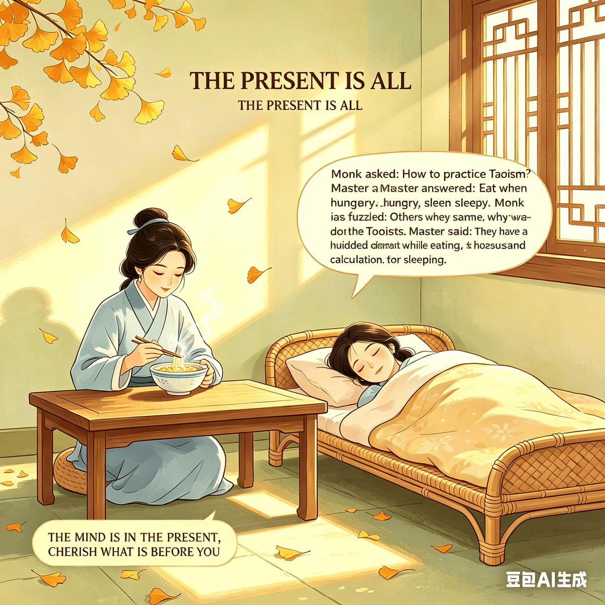 Article 3: Zen Buddhism’s "The Present Moment is All There Is" – Say Goodbye to Anxiety and Capture the Small Joys of Daily Life Part 1: The Philosophy Explained The Zen wisdom of "the present moment is all there is" simply means keeping your mind in the present and cherishing what is right in front of you. The core idea is to stop longing for the past and worrying about the future. Instead, focus on every single moment as it happens and capture the beauty in ordinary daily life.  There is a classic Zen dialogue: A monk asks, "How do you practice the Way?" The master replies, "When hungry, eat; when tired, sleep." The monk is confused: "Everyone does that, so why isn't everyone a master of the Way?" The master answers, "When they eat, their minds are filled with a hundred demands; when they sleep, their minds are consumed by a thousand worries." This story tells us that living in the present isn't about doing nothing. It’s about doing things with undivided attention, free from the interference of wandering thoughts. By taking every ordinary moment seriously and experiencing the beauty of the now, we can break free from time-related anxiety and find inner peace. Part 2: Practical Applications In your daily work, focus entirely on the task at hand. Don't worry about tomorrow's performance review while trying to work today, and don't regret what you failed to finish yesterday. Pay attention to every detail and feel the sense of accomplishment that comes from your efforts.  In your personal life, savor the aroma of your food at breakfast. Don't scroll through your phone or fret over trivial matters; just feel the warmth of the morning. On your commute home, notice the flowers and trees along the road and the people passing by, and feel the gentle evening breeze. When spending time with your family, put down your phone, truly listen to what they have to say, and feel the warmth of their love. Practicing "the present moment is all there is" means letting go of distracting thoughts and focusing on the here and now. By capturing those tiny, easily overlooked joys, your life becomes both gentler and more resilient. Part 3: Conclusion The Zen wisdom of living in the present is a powerful remedy for healing anxiety and recognizing beauty. It reminds us that the past is already gone and cannot be repeated; no amount of regret can change it. The future has not yet arrived and cannot be predicted; no amount of worry will help. The only thing we can truly grasp is the present moment. The beauty of life never lies in earth-shattering events. Instead, it is hidden in the smell of breakfast, the gentle evening breeze, the company of family, and the satisfaction of a job well done. As long as our minds are in the present, we can capture these small, beautiful fragments of life. In your daily work and life, the core of practicing this mindset comes down to three things: focus, acceptance, and appreciation.  At work, focus on the task in front of you. Don't bite off more than you can chew and don't rush. Do the little things well and appreciate the value of your labor. In life, accept the regrets of the past, let go of worries about the future, and immerse yourself in the present. Earnestly eat a meal, give someone your full attention, take a slow walk, and capture the beauty that is so often overlooked. During your free time, put away your phone, step away from the noise, feel your breath, listen to your inner voice, and enjoy the tranquility of the moment. You don't need to race against time, nor do you need to stress about the future. By upholding the wisdom that "the present moment is all there is," keeping your mind in the now, and cherishing what is right in front of you, you can capture the beauty in every ordinary second. Doing so will help you break free from time-induced anxiety, find inner peace and happiness, and infuse your ordinary days with true warmth and strength.