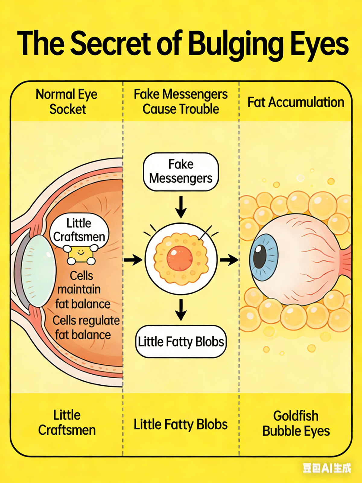 Question 6: What are the common symptoms of thyroid eye disease?  1. Eyes "bulging out" – The eyeball protrudes from its socket, causing the thyroid gland to become displaced and accumulate, pushing the eyeball outwards, making it appear bulging like a goldfish's bubble eyes.  2. Red and swollen eyes – Swollen eyelids and conjunctival congestion cause the thyroid gland to release inflammatory factors, making the eyelids and sclera red and swollen, like the eyes after rubbing them with sand for a long time.  3. Dry, gritty eyes – After the eyeball protrudes, the eyelids can no longer completely cover the eyeball, causing moisture on the surface of the eye to evaporate quickly, like water in an uncovered glass. Therefore, the eyes feel dry and gritty, as if there is dust in them.  4. Double vision – Inflammation can affect the small muscles that move the eyes, causing them to become unresponsive. For example, if you try to look to the left, one eye may turn, but the other may not follow, resulting in two images of the same thing, like seeing an apple as two separate objects.  5. Photophobia, tearing, dryness, and swelling – Eyes become extremely sensitive. When exposed to bright light (such as sunlight or flashlight beam), the eyes will squint and tear up, feeling uncomfortable as if just waking up to bright light.  6. Eyelids that don't close completely or open too wide – Some children (or adults) may find that their eyelids either don't close completely when sleeping, leaving a small slit, or they open them very wide, appearing as if they are "staring." This is caused by inflammation affecting the eyelid muscles.  In short, thyroid eye disease is essentially the eyes being disrupted by Graves' disease, resulting in bulging, red, swollen, dry, photophobic, and even double vision.