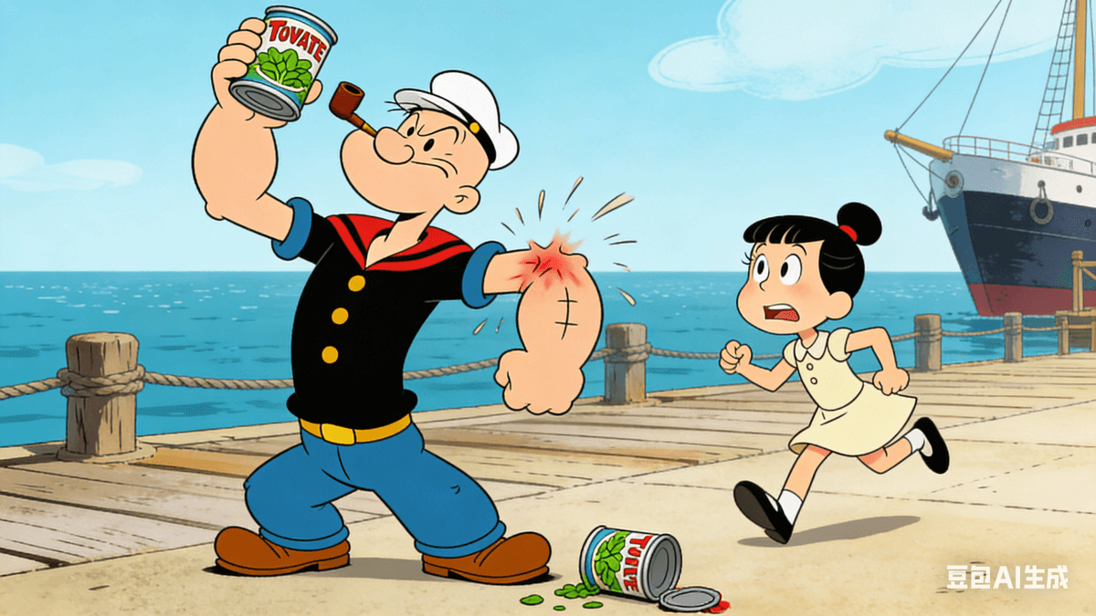 The sun shone brightly over the seaside dock, and a gentle breeze carried the faint scent of saltwater. Popeye the Sailor stood at the pier in his classic black and white look: pipe in his mouth, iconic sailor uniform on, a can of spinach gripped tightly in his hand — the source of his legendary strength. Whenever he ate it, he became unstoppable. Just as he was about to crack open the can and enjoy his usual “power boost,” a sudden, sharp soreness shot through his arm. His strength vanished. The spinach slipped from his hand, hit the ground with a clank, and rolled away. Not far off, Olive Oyl saw something was wrong. She rushed over, face full of worry and voice trembling with concern. “Popeye, what’s the matter? Did you forget your spinach again and run out of strength?” Popeye frowned, rubbing his aching arm, confusion written all over his face. “I don’t get it, Olive. I just ate spinach, but my arm’s still weak and all limp. It hurts like I’ve been socked by my own fist. What’s going on?”