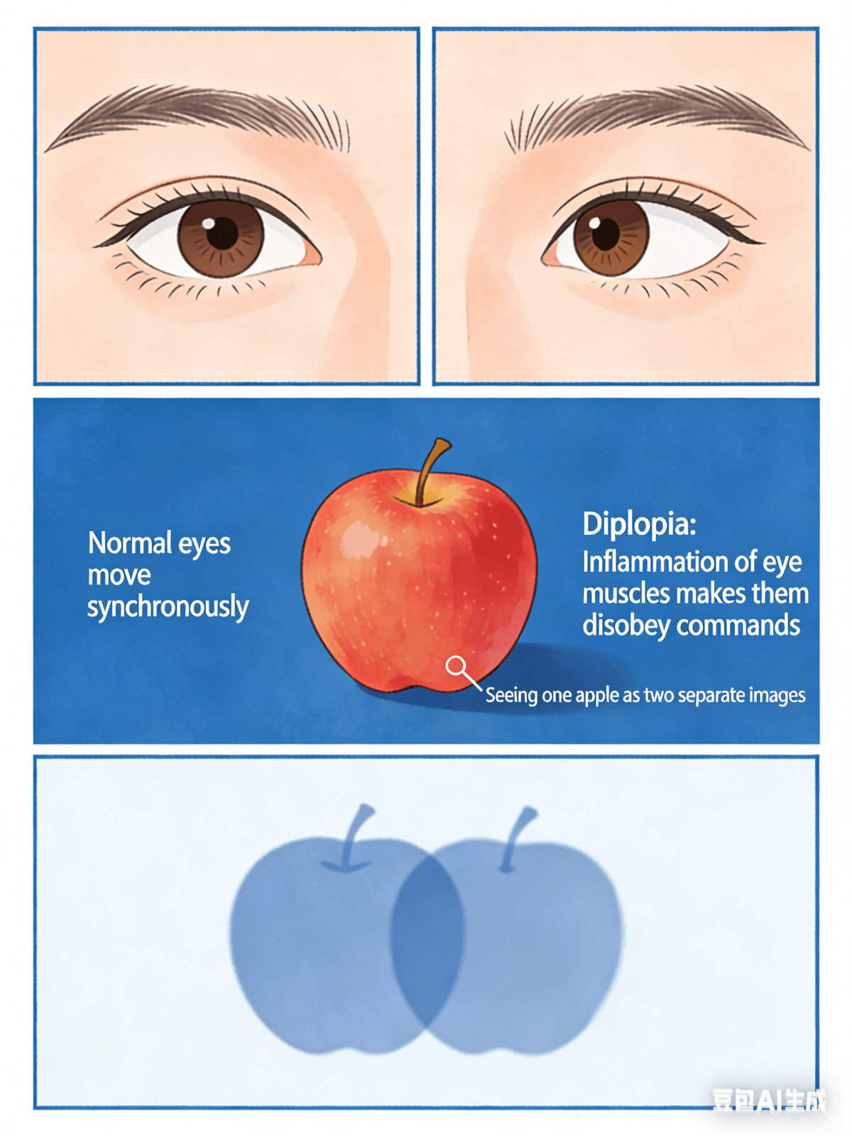 Question 6: What are the common symptoms of thyroid eye disease?  1. Eyes "bulging out" – The eyeball protrudes from its socket, causing the thyroid gland to become displaced and accumulate, pushing the eyeball outwards, making it appear bulging like a goldfish's bubble eyes.  2. Red and swollen eyes – Swollen eyelids and conjunctival congestion cause the thyroid gland to release inflammatory factors, making the eyelids and sclera red and swollen, like the eyes after rubbing them with sand for a long time.  3. Dry, gritty eyes – After the eyeball protrudes, the eyelids can no longer completely cover the eyeball, causing moisture on the surface of the eye to evaporate quickly, like water in an uncovered glass. Therefore, the eyes feel dry and gritty, as if there is dust in them.  4. Double vision – Inflammation can affect the small muscles that move the eyes, causing them to become unresponsive. For example, if you try to look to the left, one eye may turn, but the other may not follow, resulting in two images of the same thing, like seeing an apple as two separate objects.  5. Photophobia, tearing, dryness, and swelling – Eyes become extremely sensitive. When exposed to bright light (such as sunlight or flashlight beam), the eyes will squint and tear up, feeling uncomfortable as if just waking up to bright light.  6. Eyelids that don't close completely or open too wide – Some children (or adults) may find that their eyelids either don't close completely when sleeping, leaving a small slit, or they open them very wide, appearing as if they are "staring." This is caused by inflammation affecting the eyelid muscles.  In short, thyroid eye disease is essentially the eyes being disrupted by Graves' disease, resulting in bulging, red, swollen, dry, photophobic, and even double vision.