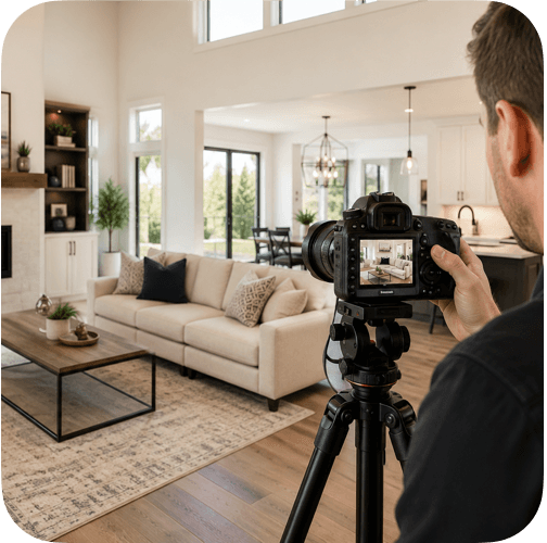 Professional camera on tripod with ReDiY text overlay "The professional tools. No commission required."