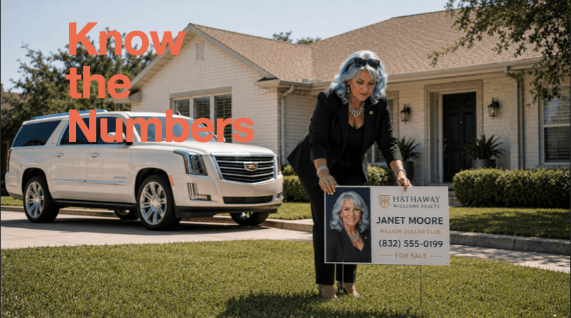 Satirical photo of an agent in a suit placing a yard sign next to a luxury SUV, highlighting the high cost of real estate tasks you can diy