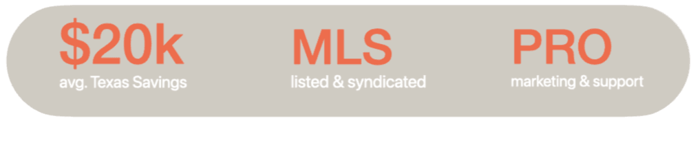 Stat bar showing twenty thousand dollars average Texas savings, MLS listed and syndicated, and pro tools and support. Stat bar showing twenty thousand dollars average Texas savings, MLS listed and syndicated, and pro tools and support.