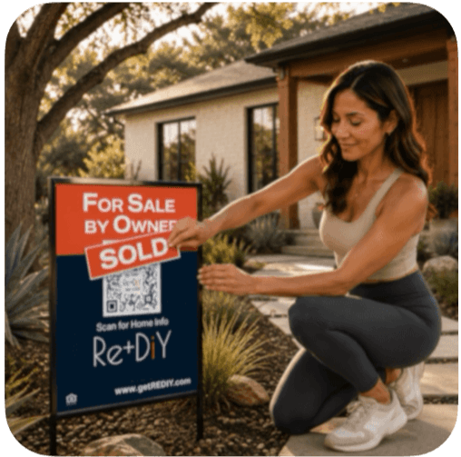 ReDiY smart yard sign with QR code on lawn with text overlay "A sign that does more than sit in the yard"