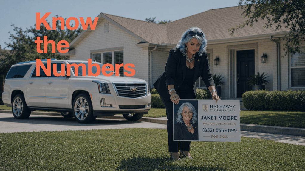 Satirical photo of an agent in a suit placing a yard sign next to a luxury SUV, highlighting the high cost of real estate tasks you can diy Satirical photo of an agent in a suit placing a yard sign next to a luxury SUV, highlighting the high cost of real estate tasks you can diy