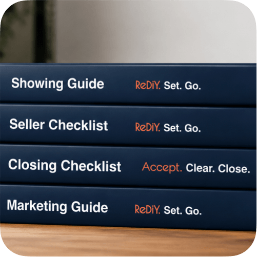 ReDiY guide covers showing showing guide, seller checklist, closing checklist, and marketing guide with taglines ReDIY. Set. Go. and Accept. Clear. Close.