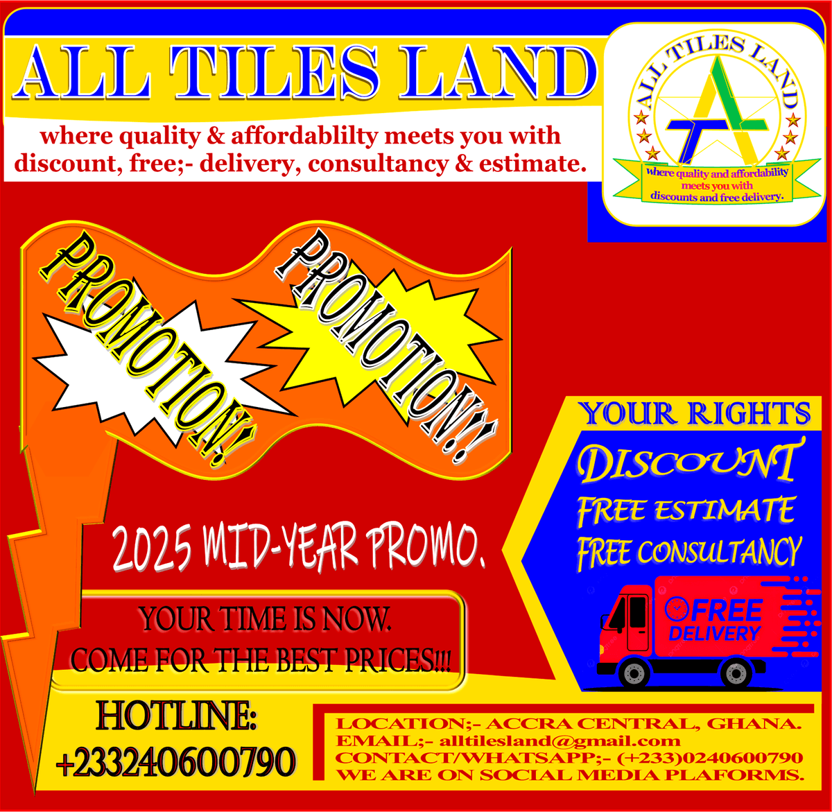 Explore our extensive range of premium tiles and create your dream environment Transform Your Spaces with Quality Tiles We deal in super quality italian, Spanish, Indian, Ghanaian, Chinese,...tiles, tiles cement and stripes at a very affordable prices to all groups of customers across Ghana, we do supply and wholesale to individuals, business enterprises, real estate developers, companies and retailers.
We do free estimates for our customers, free consultancy, give discounts, free delivery, have professional and trusted installers that we give to customers who don't have one.
We Operate a Digital and Mobile Showroom