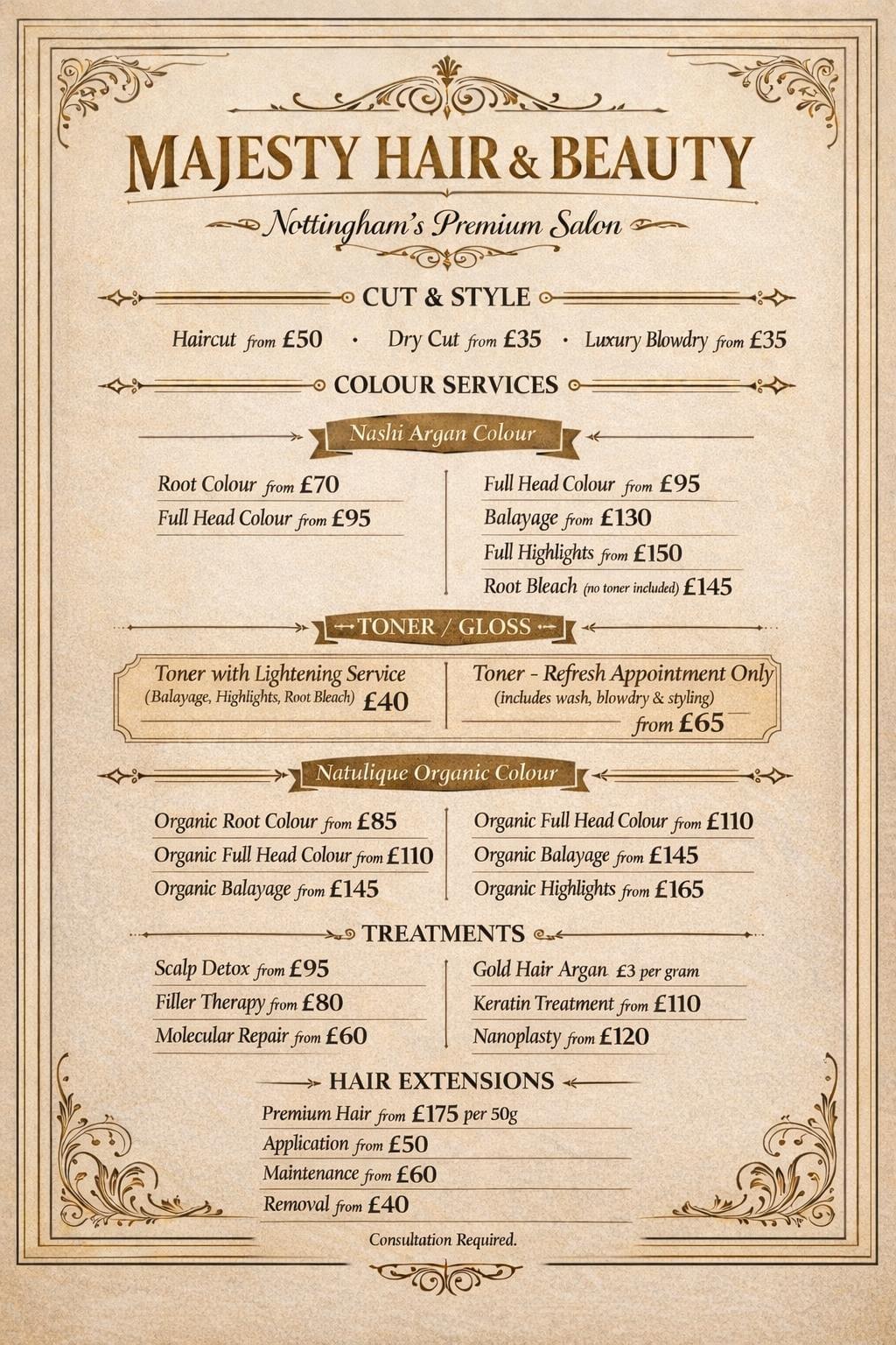 Majesty Hair price list
