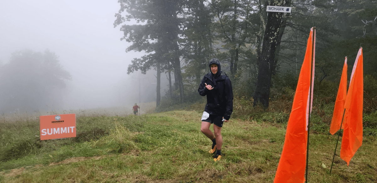 IronHike Mountain Athlete at the summit sign in the fog on Mohawk Mountain