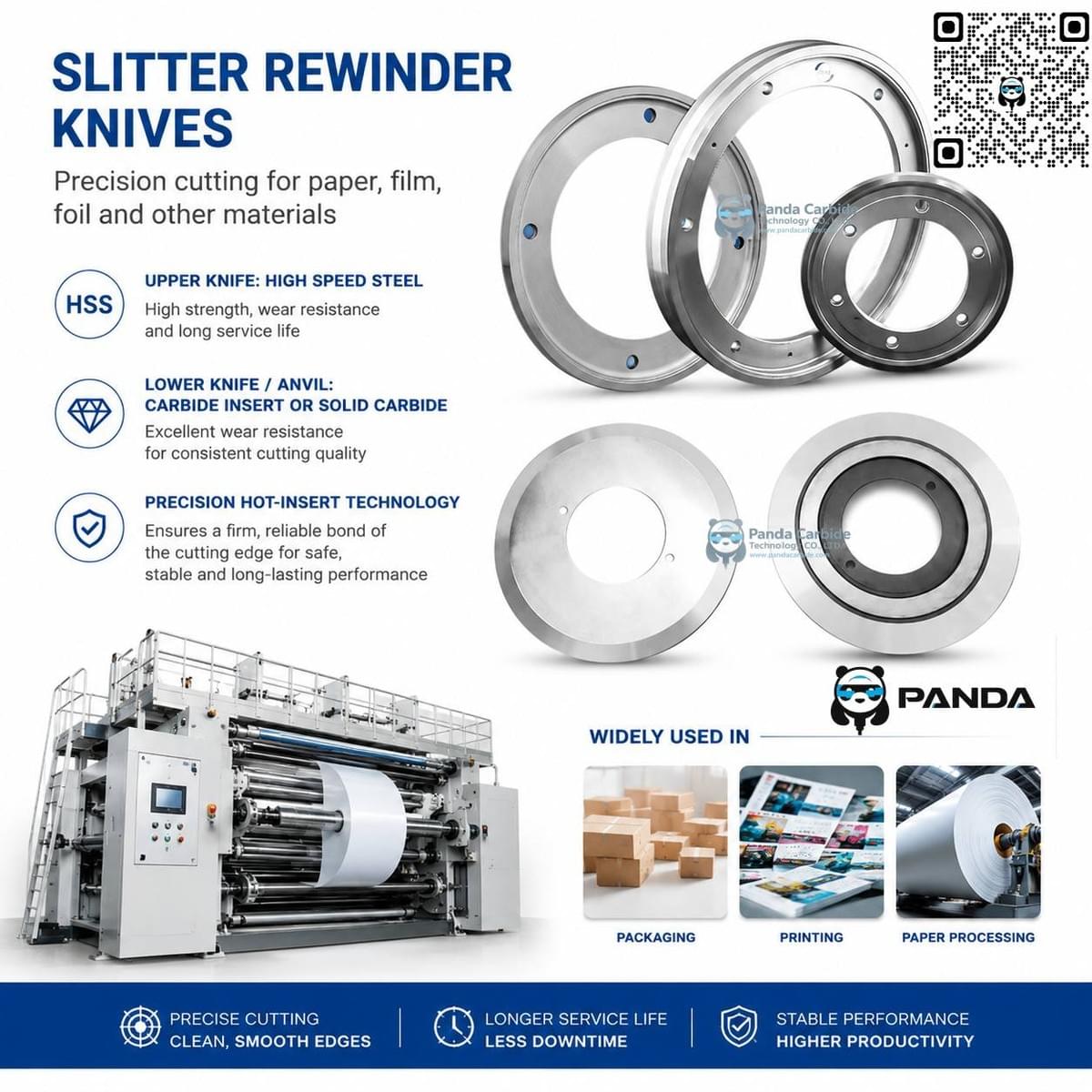 Panda Carbide | High-Precision Rewinder Slitting Knives | Top HSS Blades & Carbide-Tipped Bottom Anvil Knives for Paper, Film & Foil Converting
