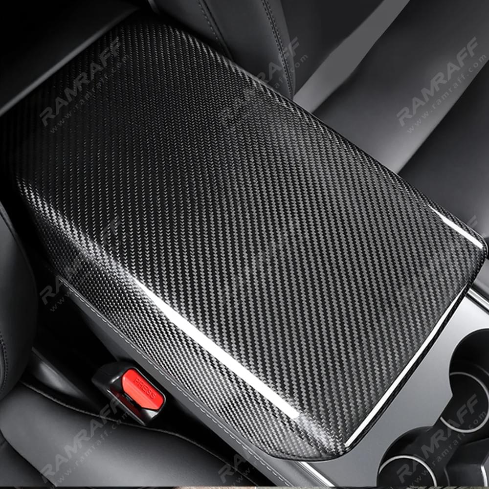ramraff Dry Carbon Fiber Interior Armrest Box Cover for Tesla Model 3 Y S X Central Carbon Control 