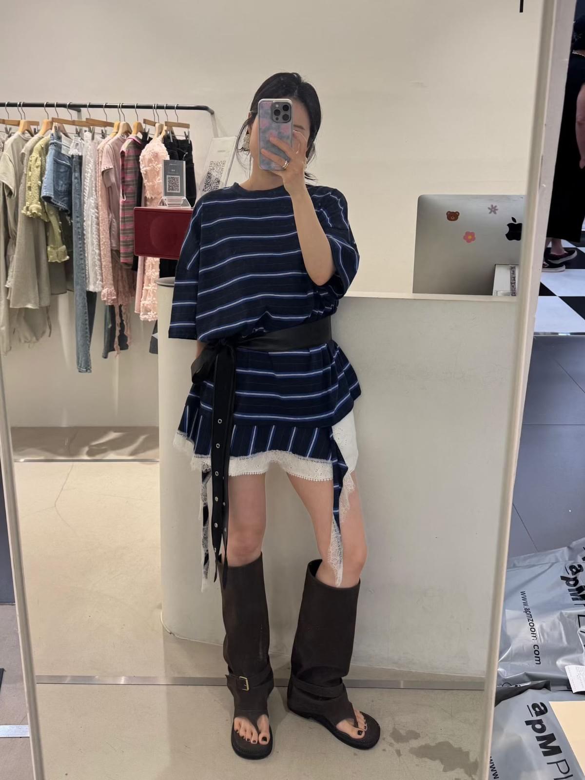 260713 拼接圓領條紋層次連身裙