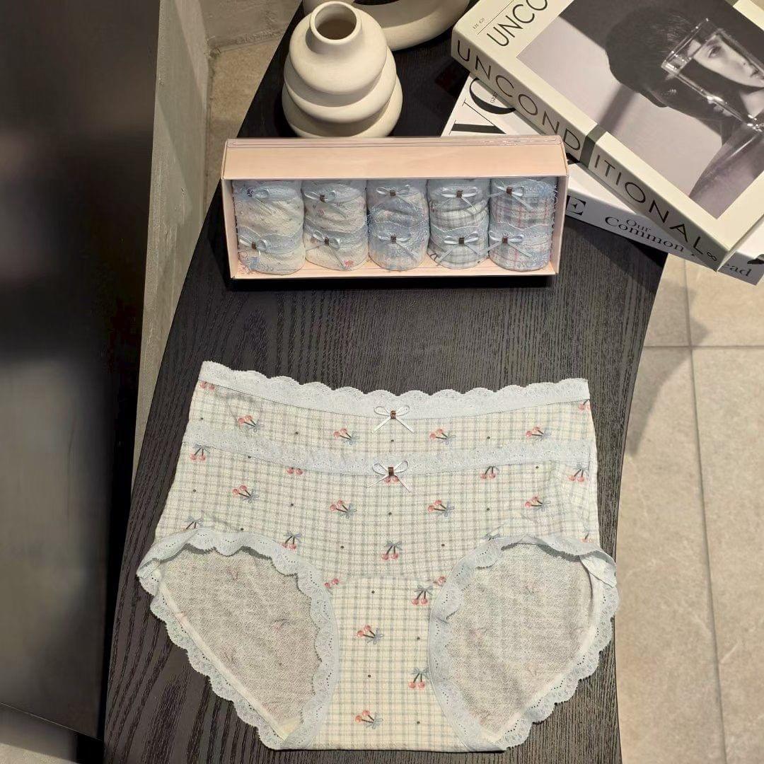 26LP30 天藍邊雙蕾絲邊透膚中腰5件禮盒裝