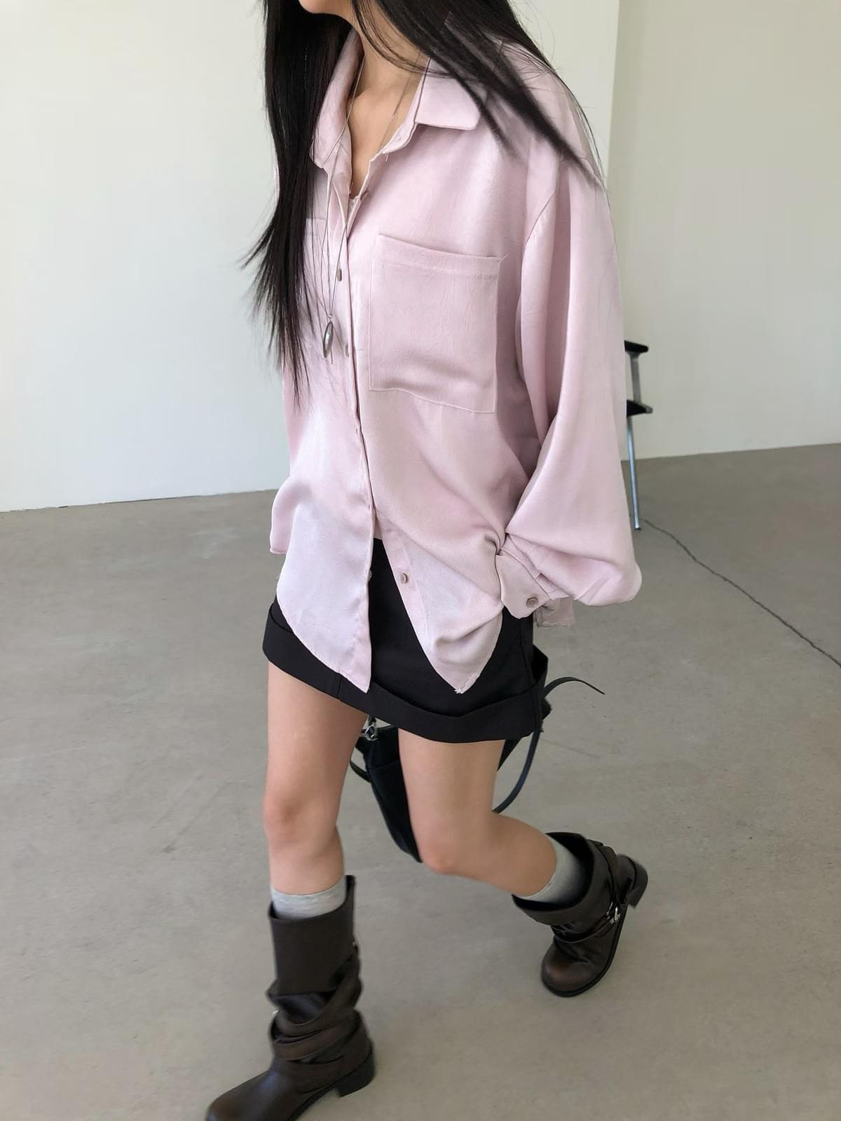 261008 韓國樹紋緞面口袋襯衫
