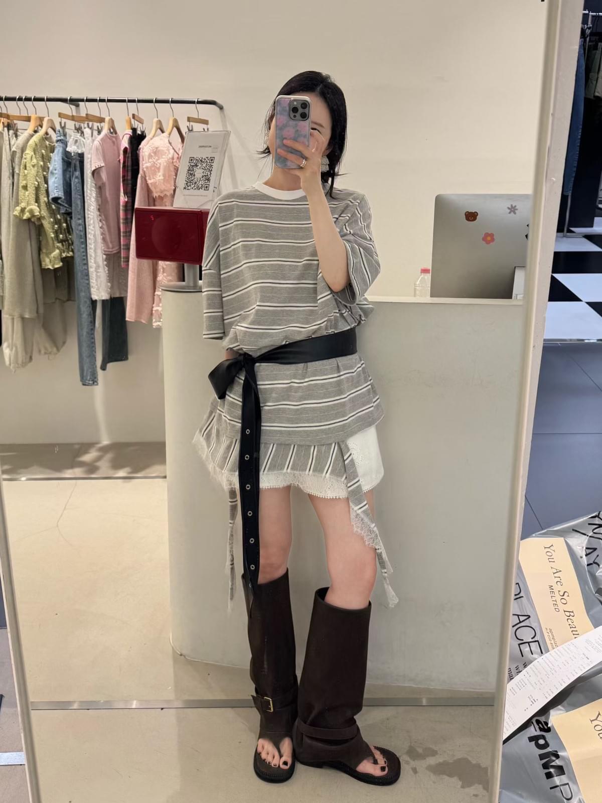 260713 拼接圓領條紋層次連身裙